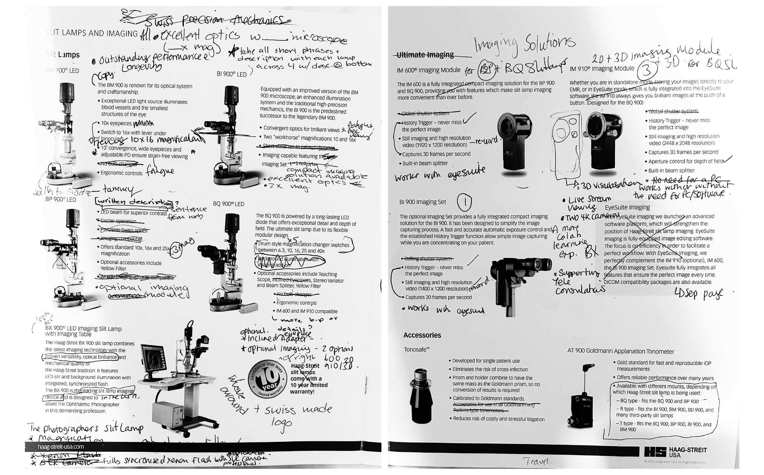 Two pages of handwritten notes and annotations about medical imaging equipment, including slit lamps and imaging modules, with images of the equipment and text descriptions.