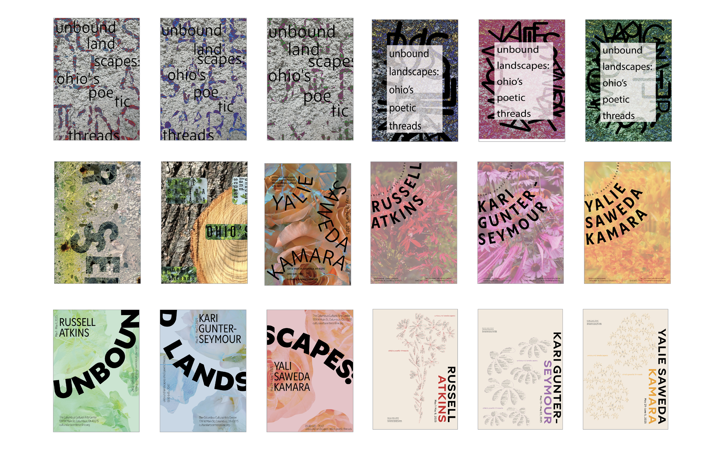 Collection of art posters featuring the text 'unbound landscapes: ohio's poetic threads' with various colorful backgrounds and textures.