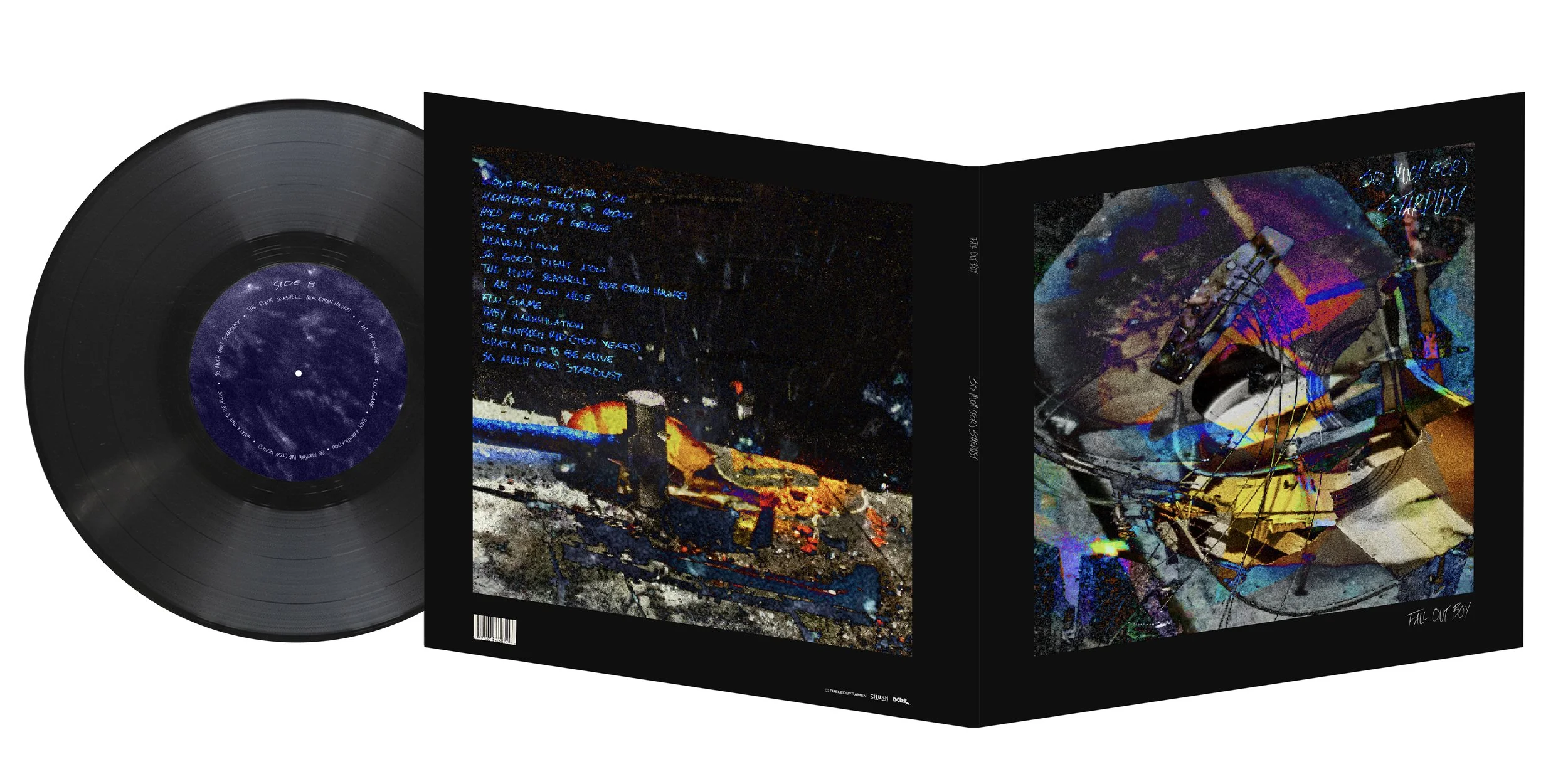 An album cover featuring a black vinyl record and a colorful, abstract three-panel fold-out booklet with handwritten lyrics, digital art, and imagery of machinery and clouds.