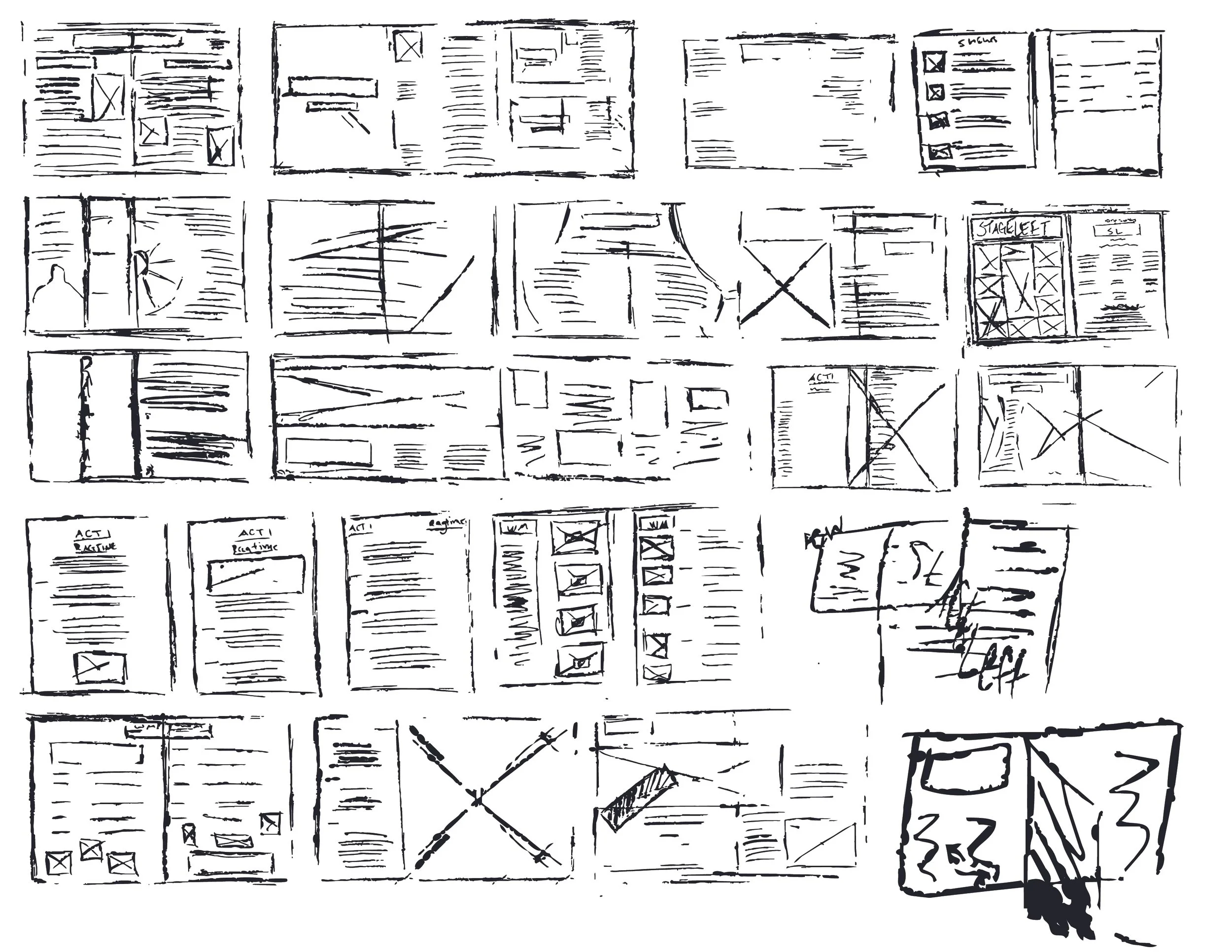 A collection of sketches of various website or app interface screens, featuring layouts with text, checkboxes, icons, charts, and different structural elements.
