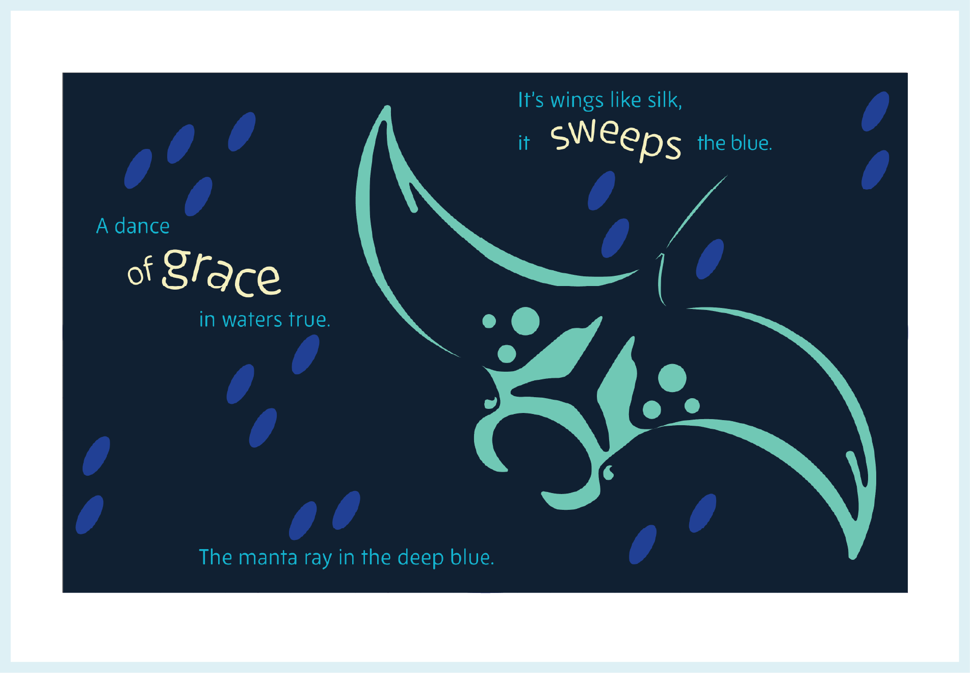 A stylized illustration of a manta ray with swirling wings and decorative elements in blue and turquoise colors, overlaid with a poetic text about grace and the deep blue waters.