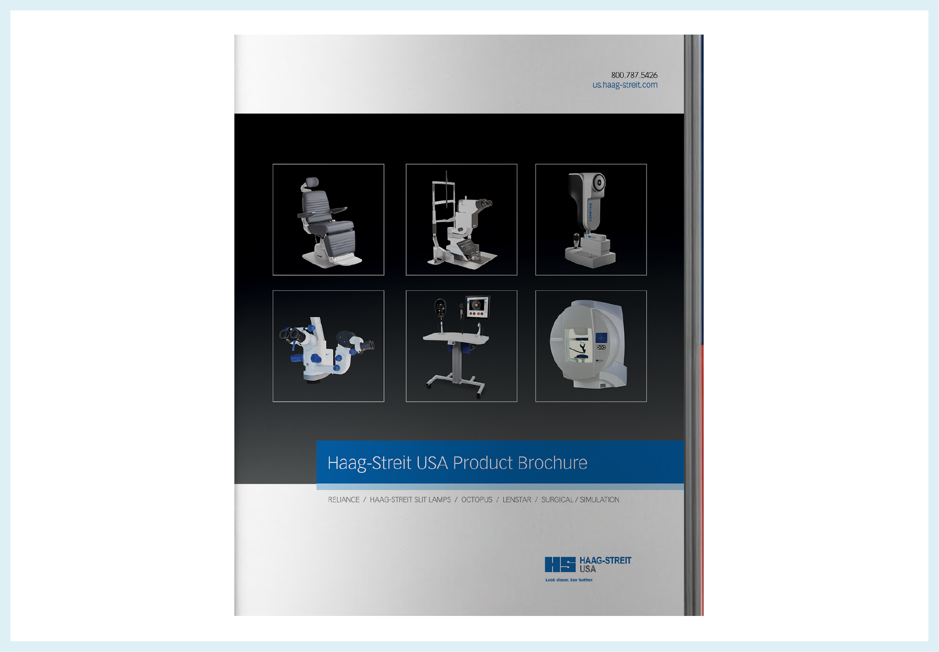 Product brochure cover for Haag-Streit USA, showing images of various medical and surgical equipment models, including an ophthalmology chair, surgical microscopes, and diagnostic devices.