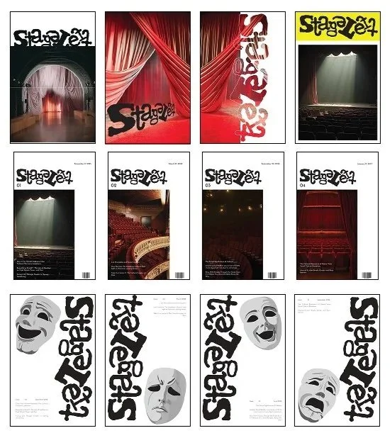Collage of StageLay magazines featuring theater scenes and masks.