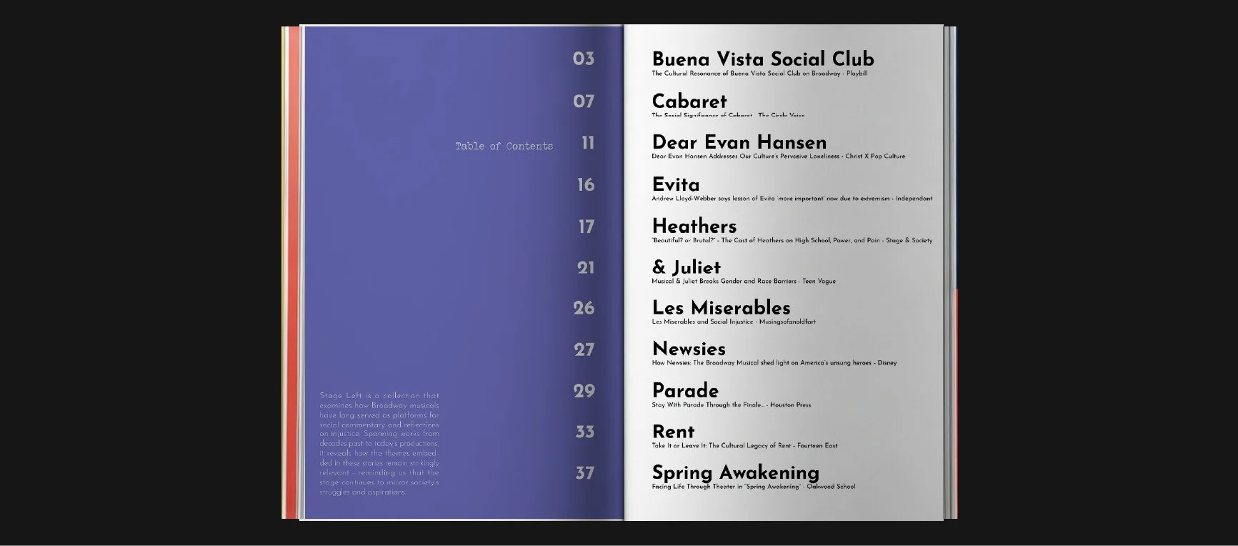 Open book showing a table of contents page for a publication about Broadway musicals and social issues, with sections including Buena Vista Social Club, Cabaret, Dear Evan Hansen, Evita, Heathers, Juliet, Les Miserables, Newsies, Parade, Rent, and Spring Awakening, with page numbers.