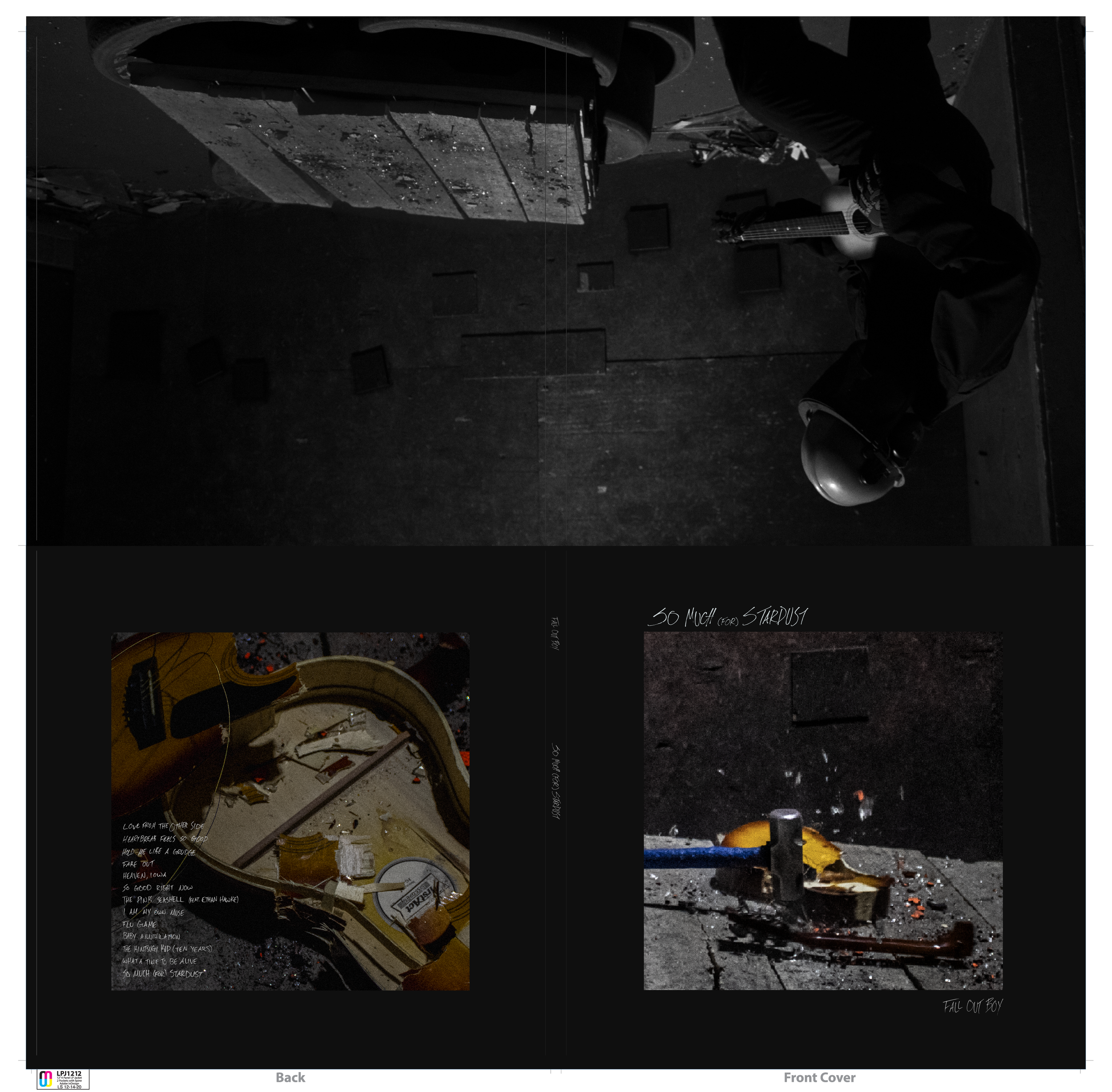 Three images: the top shows a person in a dark room with a skateboard helmet, a guitar, and boxes; the bottom left shows an opened guitar case with a handwritten note; the bottom right shows used guitar pick and broken pick on a surface with scratches.