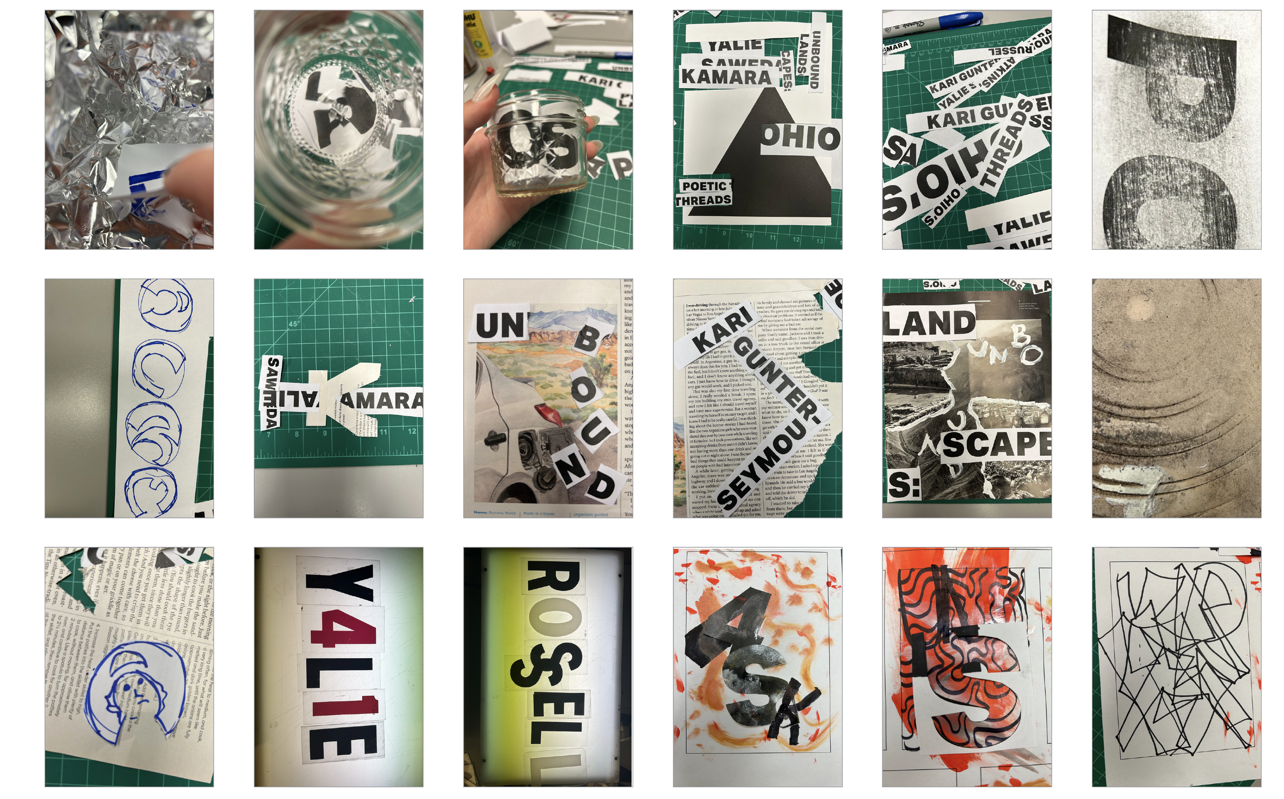 Six rows of images showing collage and mixed media art projects. Includes cutting, gluing, and arranging paper and magazine letters, sketches, and painted or printed backgrounds with various textures and patterns.