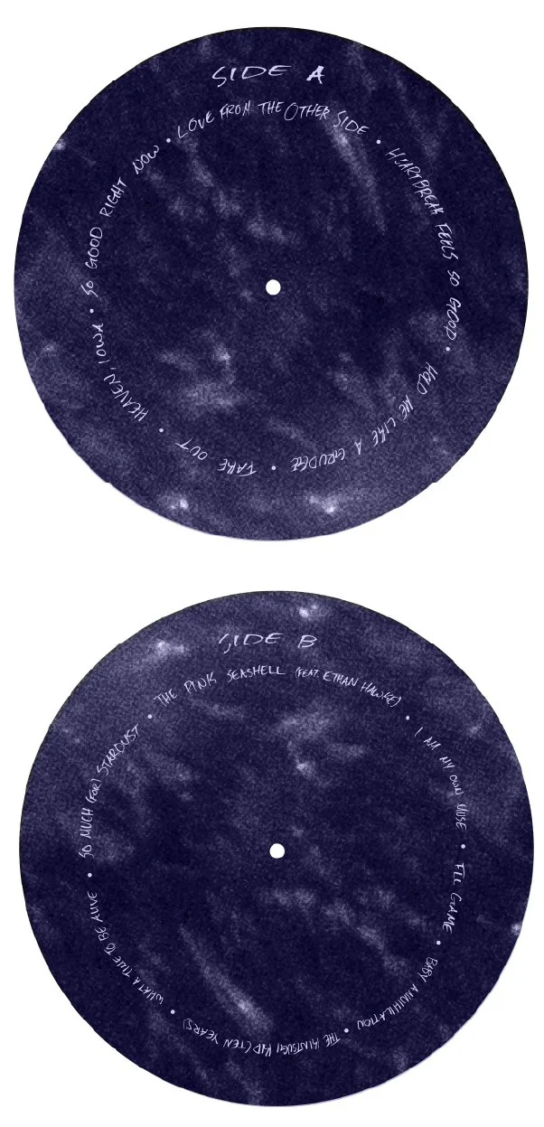 Two vinyl record labels with a starry night sky background. The top label is titled 'Side A' and has song titles written in a circular pattern. The bottom label is titled 'Side B' and also has song titles written in a circular pattern.