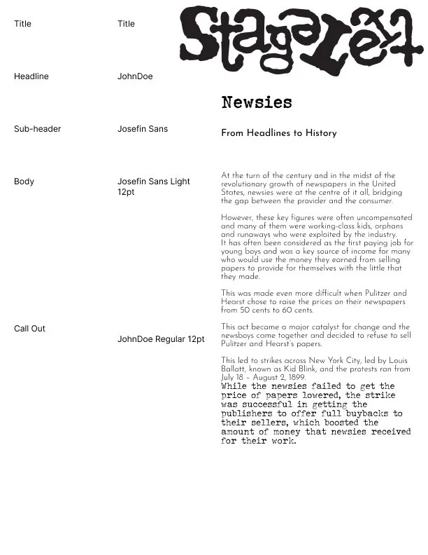 A document titled 'Stagger' with the headline 'JohnDoe' and sub-header 'Josefin Sans.' The body discusses the history of newspapers, the 1899 New York City strike led by Louis Ballant, and the impact on newspaper prices and publishers.