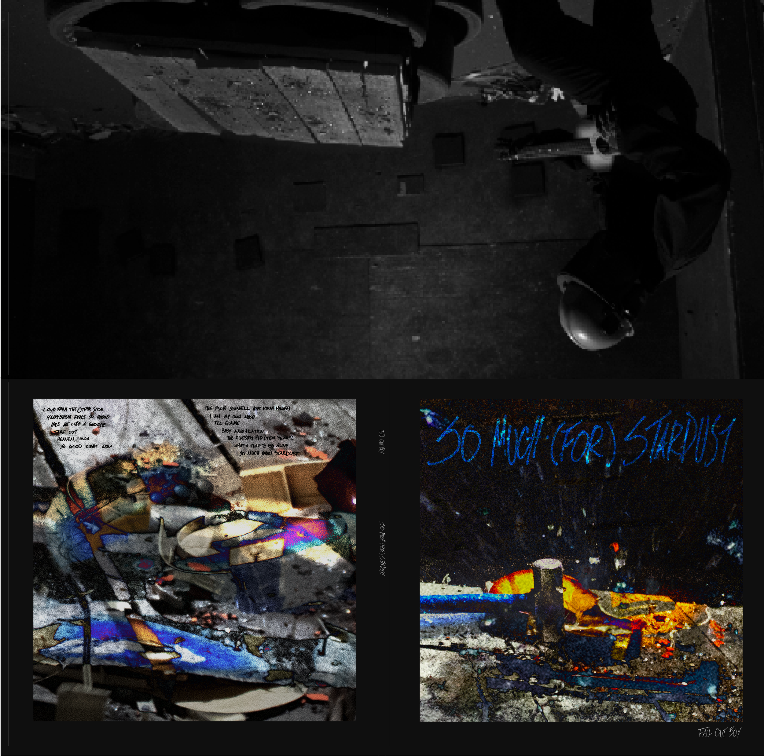 A collage of three images: the top shows a person wearing a helmet crouching on a dark floor next to a wall. The bottom left features a close-up of a colorful, abstract scene with text overlay.