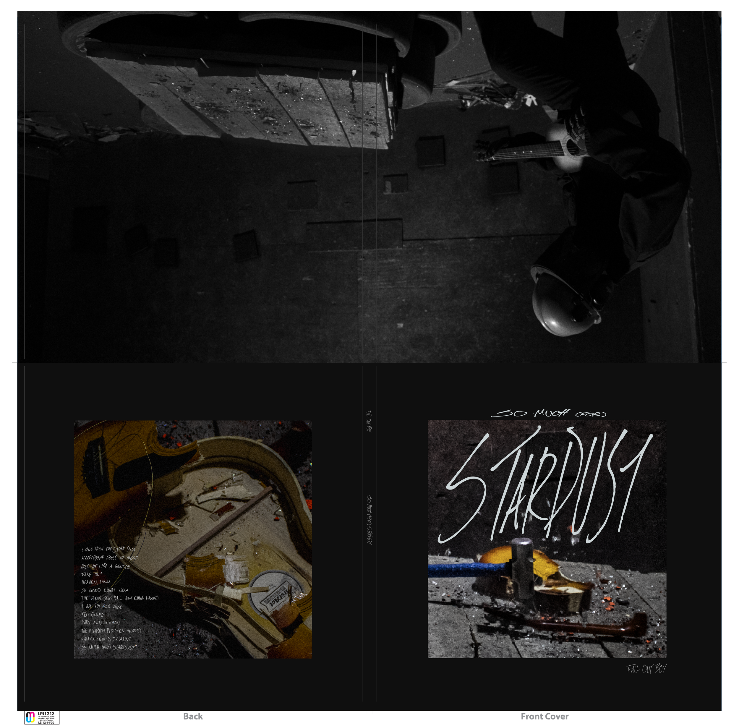 A black and white image of a person wearing a helmet and playing an acoustic guitar in a dimly lit room with a wooden floor. The bottom section features two album cover images, one of a broken guitar with handwritten text and lyrics, and the other with the title 'So Much for Stardust' written in a stylized font over a ground with scattered debris and a small object.