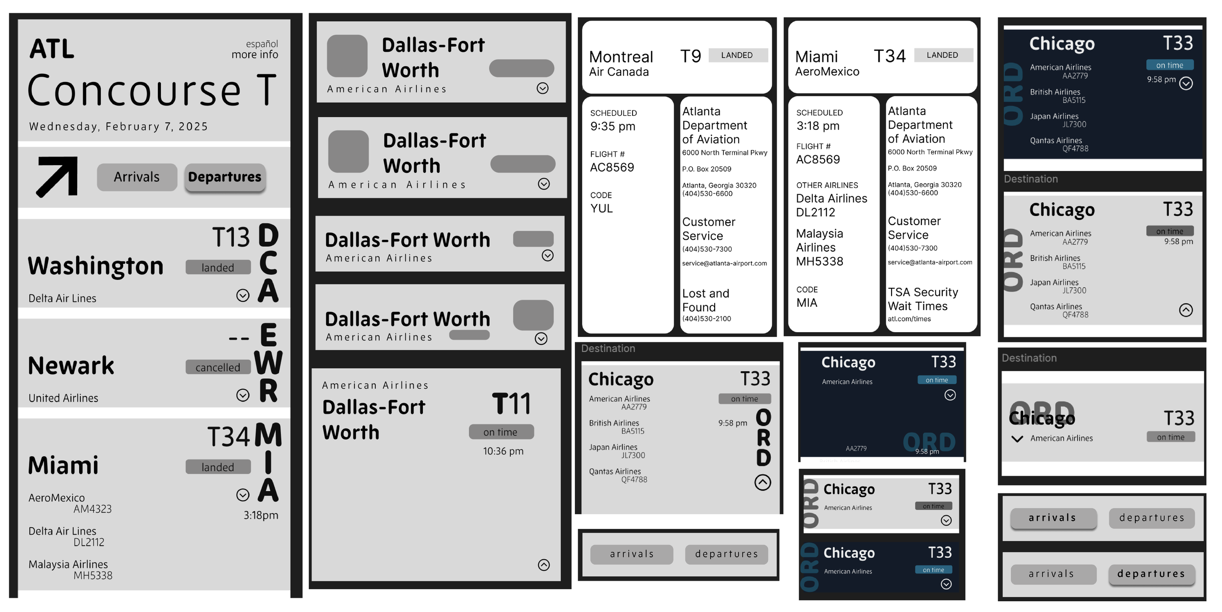 Airport departure and arrival information display board showing flights from Atlanta to Chicago, including airlines, flight numbers, statuses, and times, with various sections for arrivals, departures, and specific flight details.
