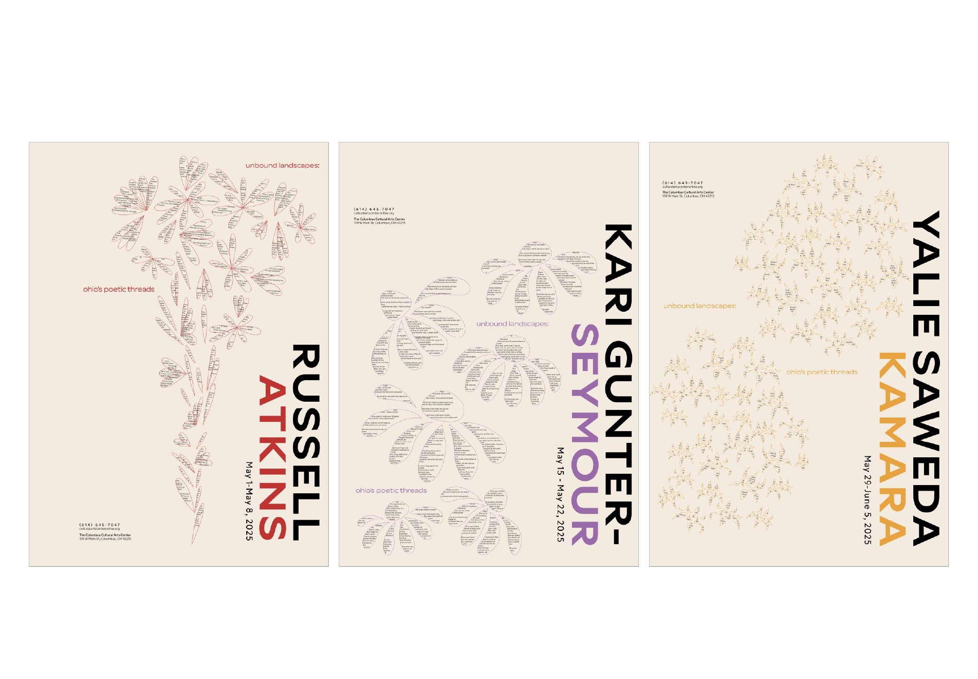 Event posters for various art exhibitions at the Columbus Cultural Arts Center, including dates and themes such as 'Unbound Landscapes' and 'Ohio's Poetic Threads'.