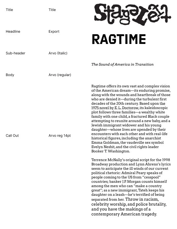 A book page with the title 'Staggel' in stylized font and the subtitle 'RAGTIME' in bold. Sub-header: 'Arvo' italicized; Body: 'Arvo' regular. Contains a brief description of the novel 'Ragtime' by E. L. Doctorow, discussing its themes, characters, historical figures, and its connection to American history and culture.