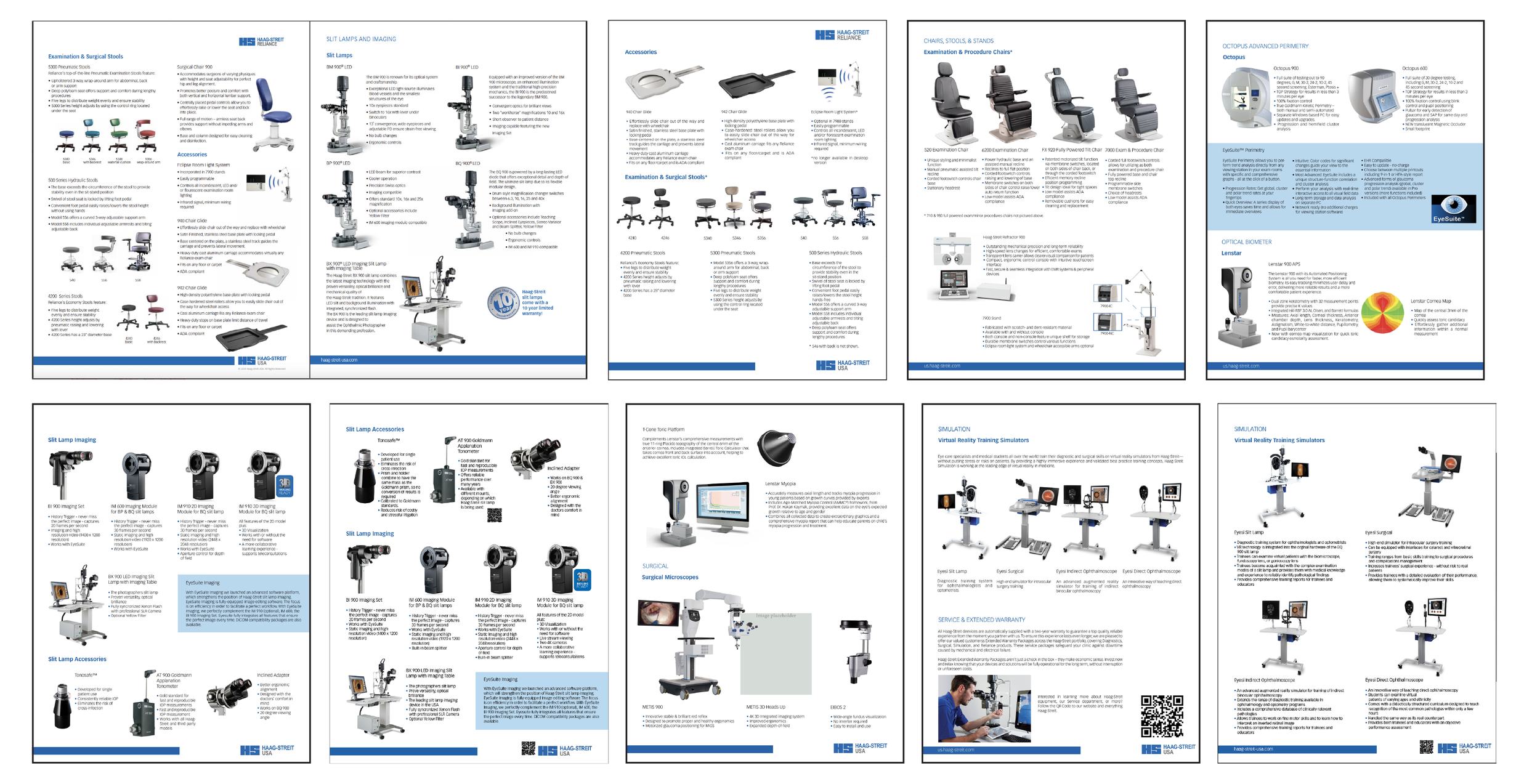 A detailed product catalog featuring various medical equipment and supplies, including examination chairs, surgical stools, slit lamps, imaging devices, and virtual reality training simulators.