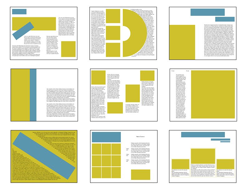 A collage of nine pages from a magazine or report, featuring various columns of text, and graphical elements including large yellow and blue shapes, such as rectangles and a semi-circle, used as design accents.