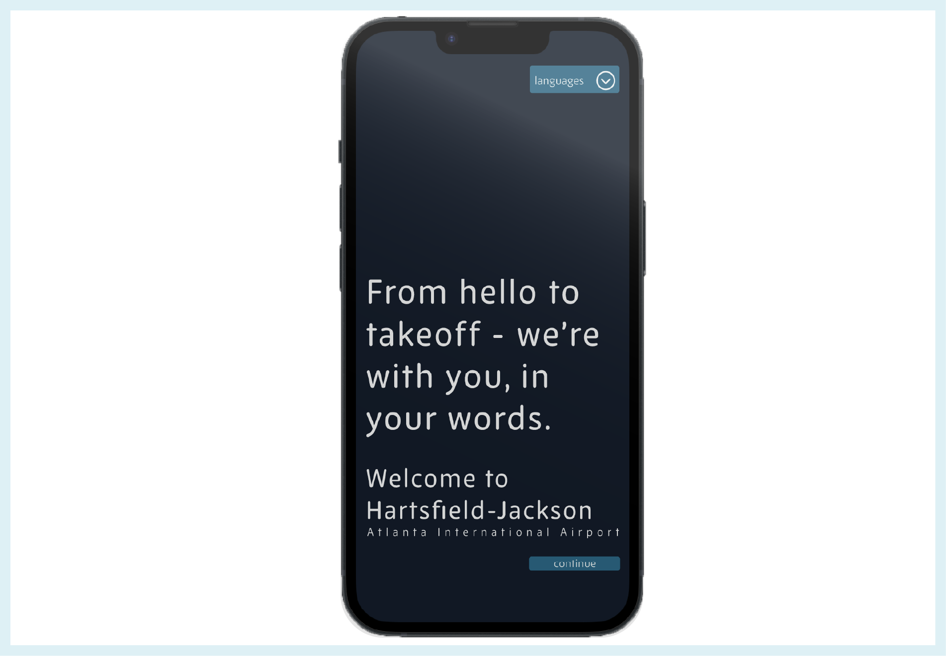 Smartphone screen displaying welcome message for Hartsfield-Jackson Atlanta International Airport, with options for language selection and a continue button.