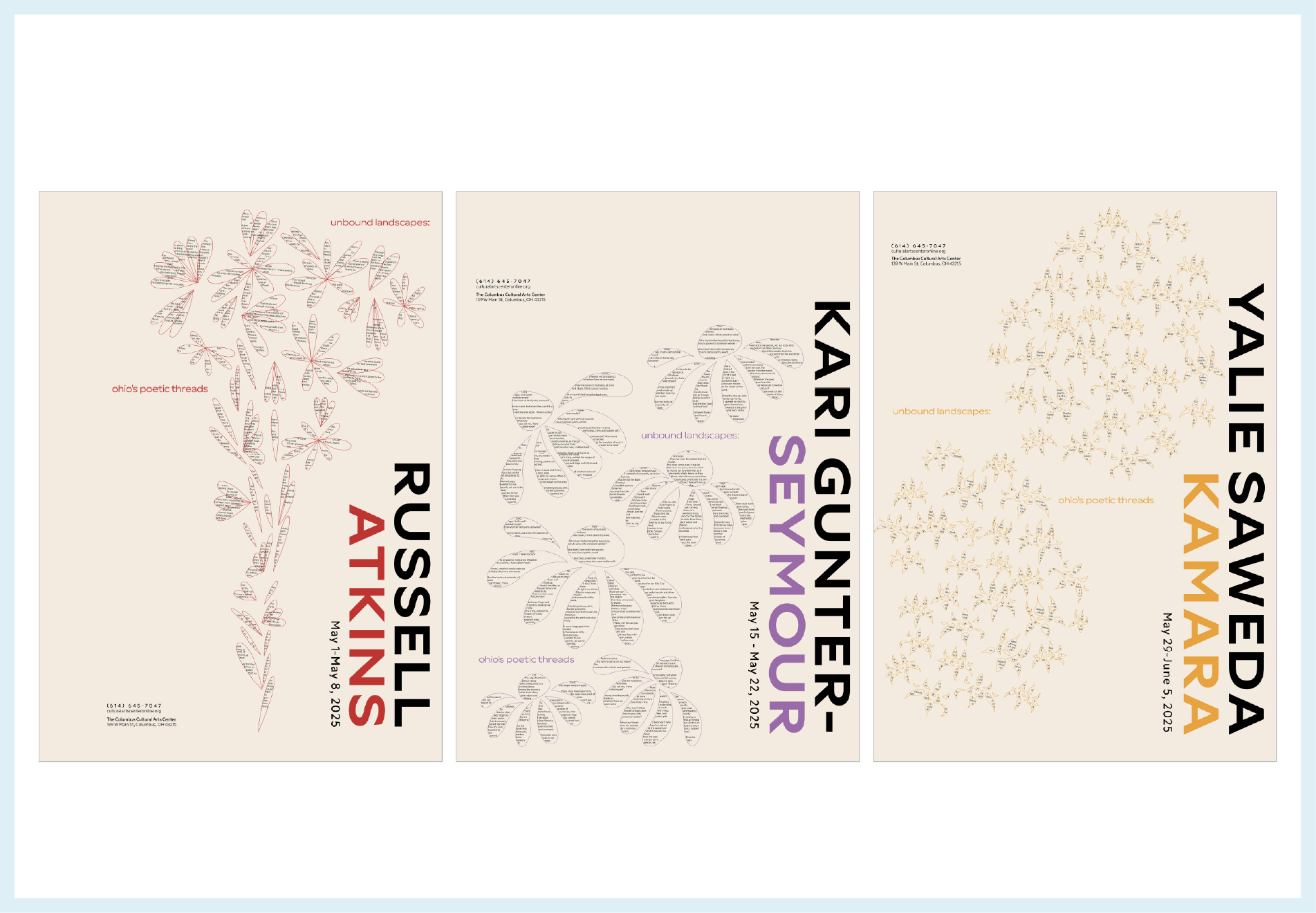 Three posters for art exhibitions, each featuring flower illustrations made of text, with titles and dates of the events. The first poster is for 'RUSSELL ATKINS' from May 1 to May 8, 2025. The second is for 'KARI GUNDERSON' from May 15 to May 22, 2025. The third is for 'YALIE SAWEDA KAMARA' from May 29 to June 5, 2025.