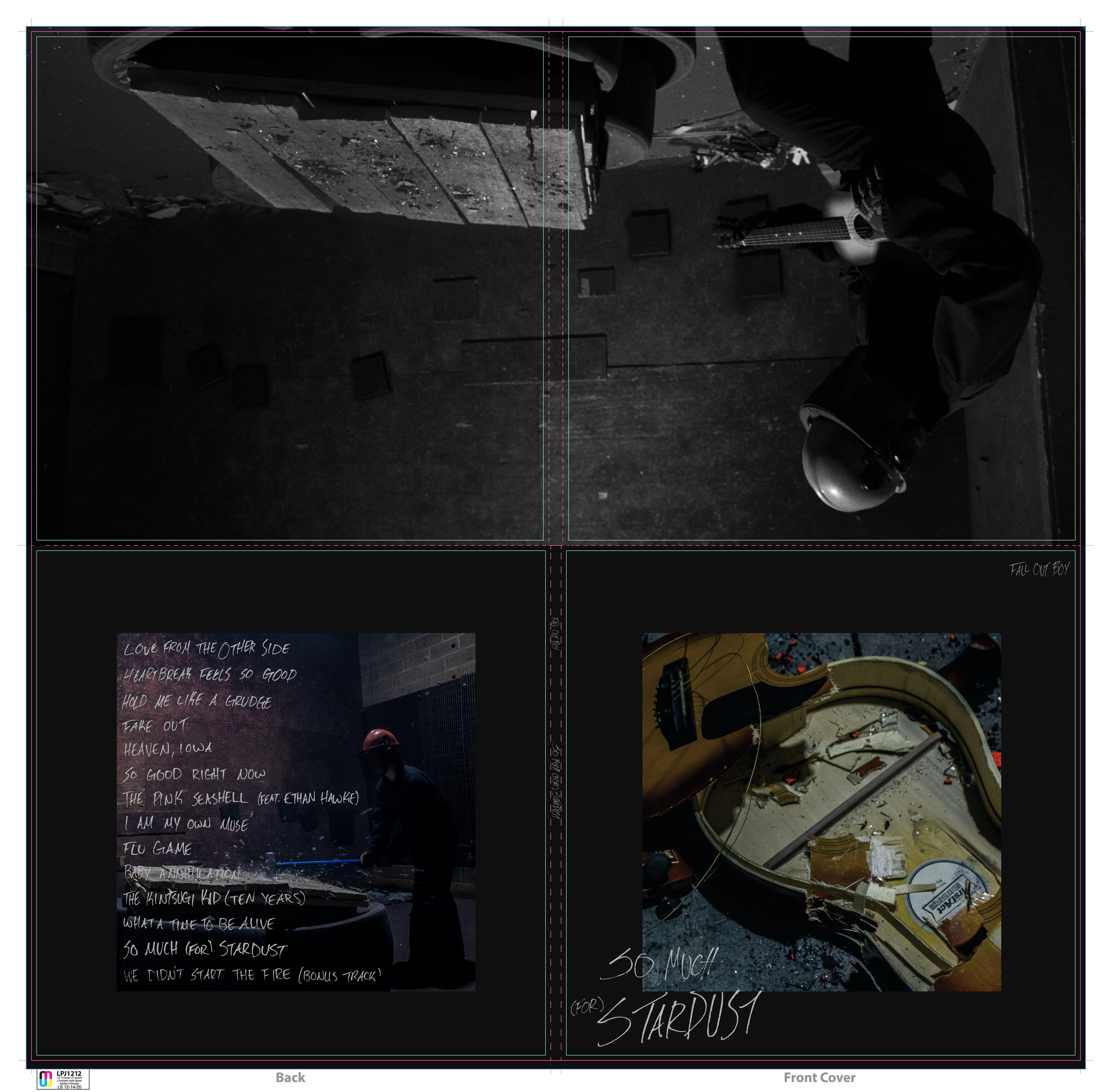 A collage of four images: the top left shows a black and white photo of a dimly lit room with a person playing guitar sitting on the floor, the bottom left features handwritten song lyrics over a dark background with a person wearing a red helmet, the bottom right displays a damaged grand piano with small tools and debris inside, and the top right is a close-up of the person's face and guitar with the text "Fill Out Boy."