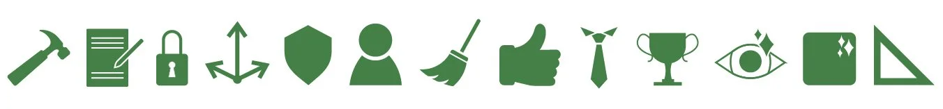 A series of green icons representing various objects and symbols, including a hammer, document with checkmark, padlock, arrows pointing in four directions, shield, person, broom, thumbs up, tie, trophy, eye, gemstone, and geometric shapes.