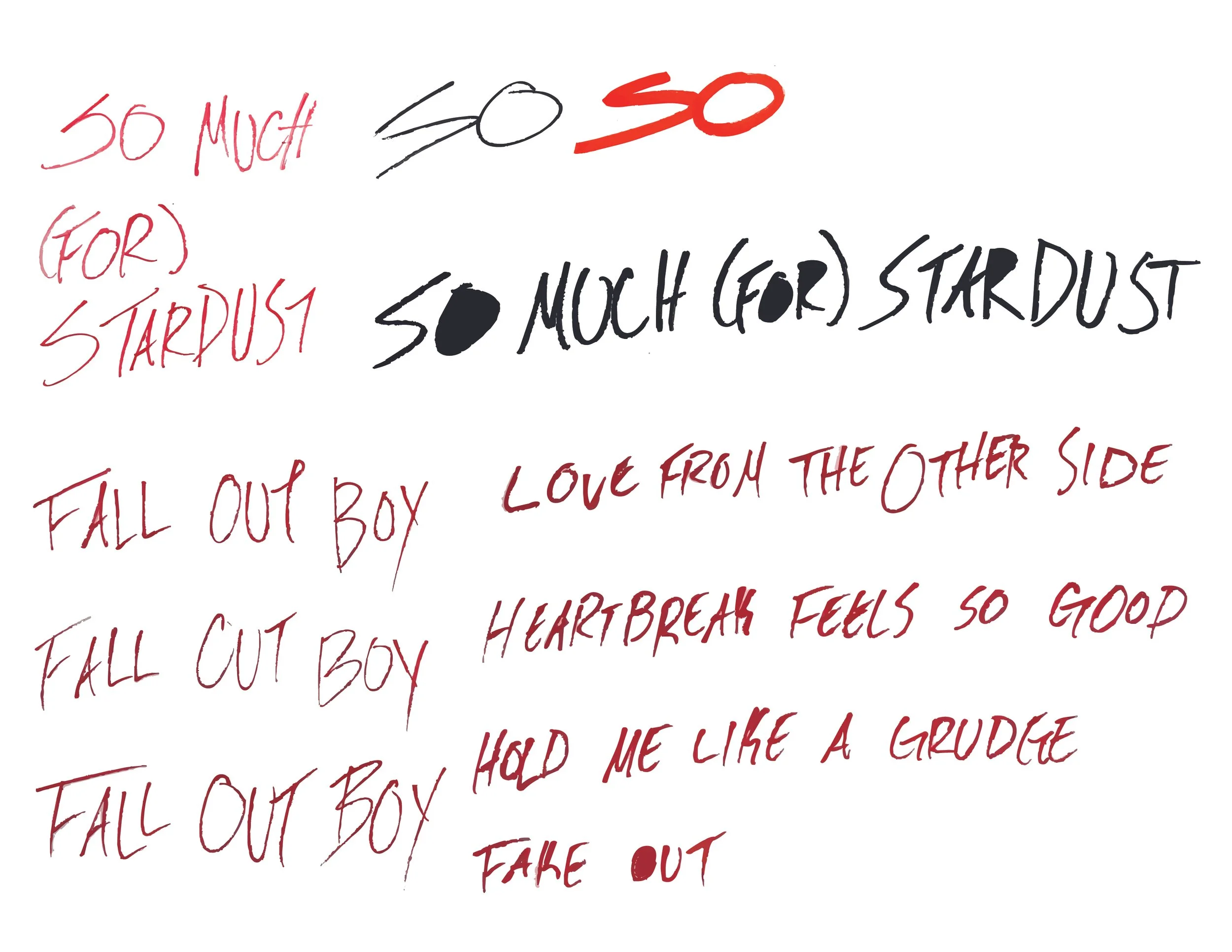 Handwritten lyrics of the song 'Fall Out Boy' on white paper with red, black, and maroon ink.