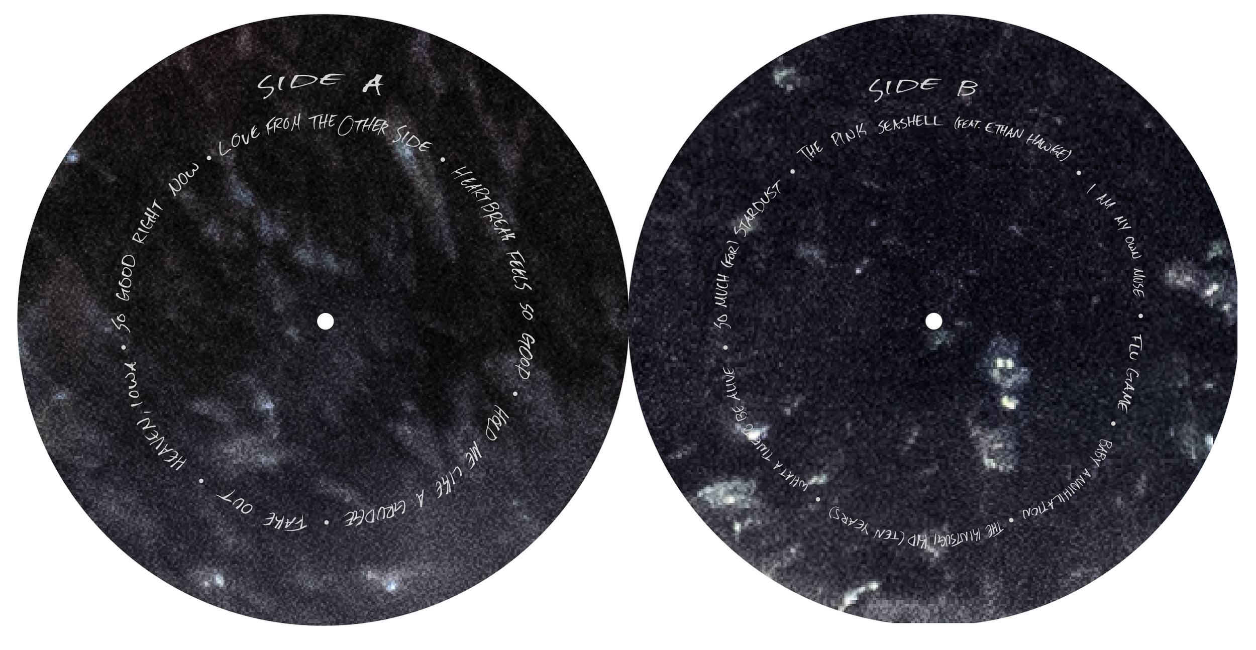 Two circular views of a star-filled night sky representing vinyl record labels. The left side labeled 'Side A' contains a poem about feelings and love, mentioning 'Good right now, so good,' while the right side labeled 'Side B' includes song titles such as 'The Pink Seashell' featuring Ethan Hawke, with poetic lyrics surrounding both circles.