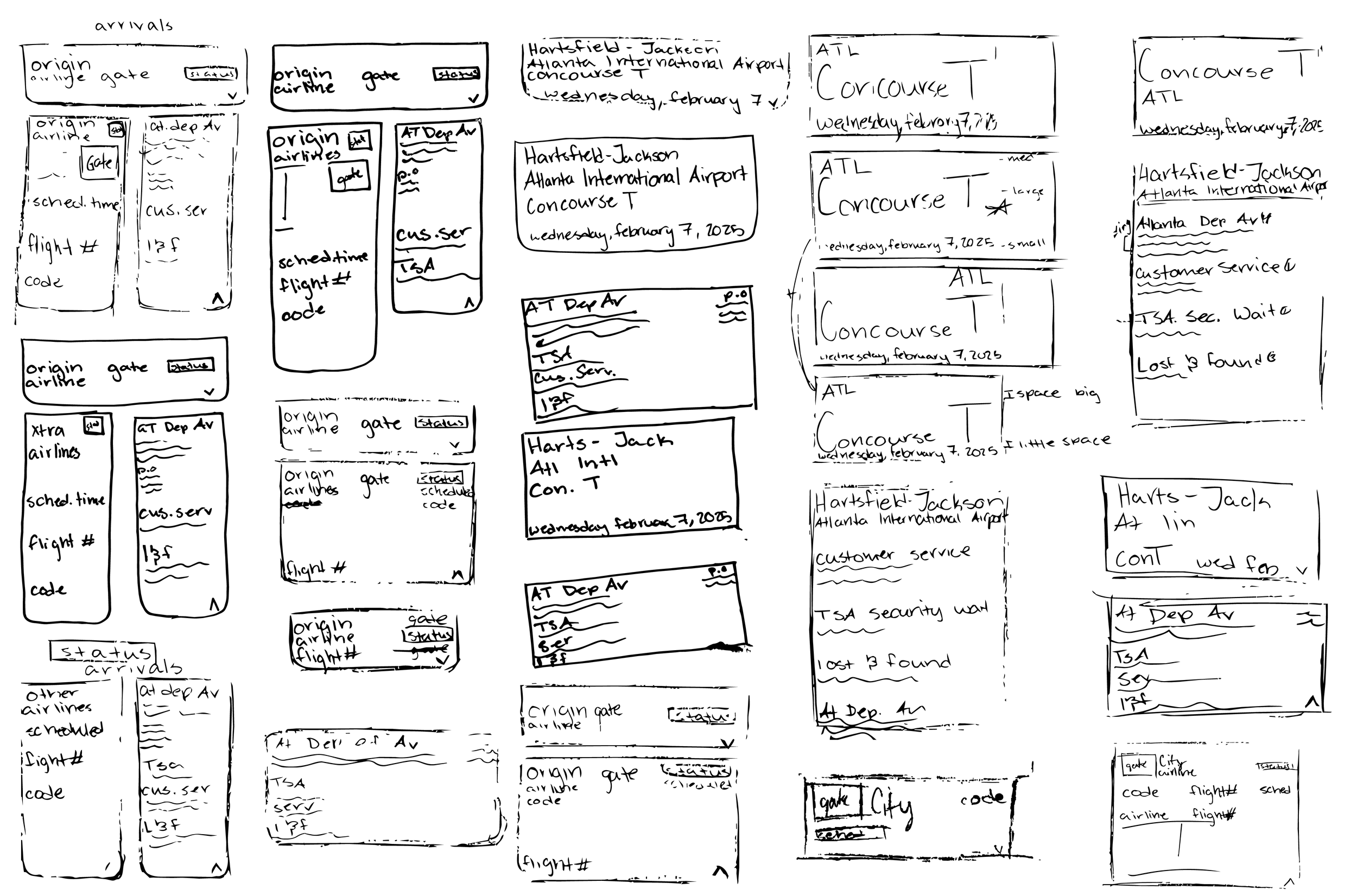 Hand-drawn wireframes of a flight booking app or website, including screens for arrivals, departure, status, city selection, and contact information.
