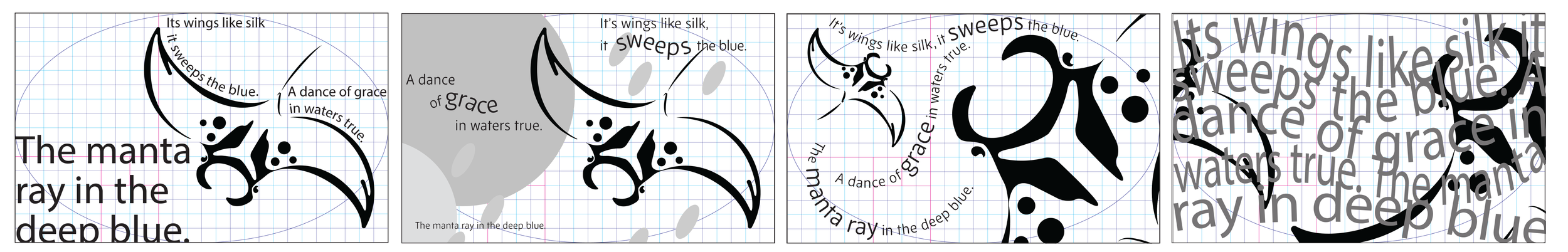 Series of four graphic designs combining text and abstract black and gray shapes on a grid background. Text includes lyrics from 'The manta ray in the deep blue' with decorative and swirly typography.