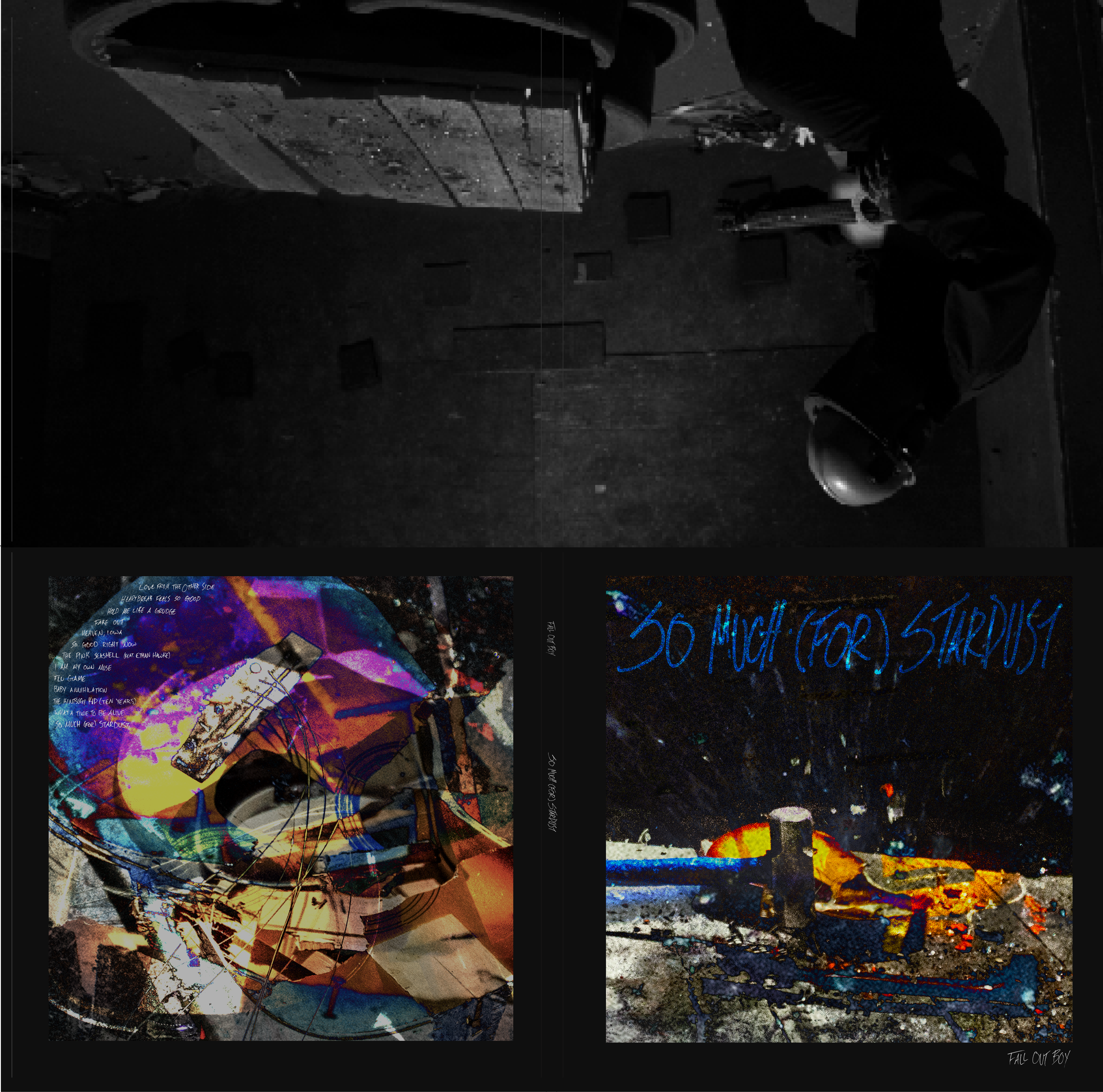 Column of three images: top, a black-and-white photograph of a person in a helmet leaning over a workbench; bottom left, a colorful, abstract collage of various shapes and images, including a guitar and handwritten text; bottom right, a graffiti-style image with the text 'SO MUCH (FOR) STRAUB' and a photograph of a street scene with debris and a fire in the background.
