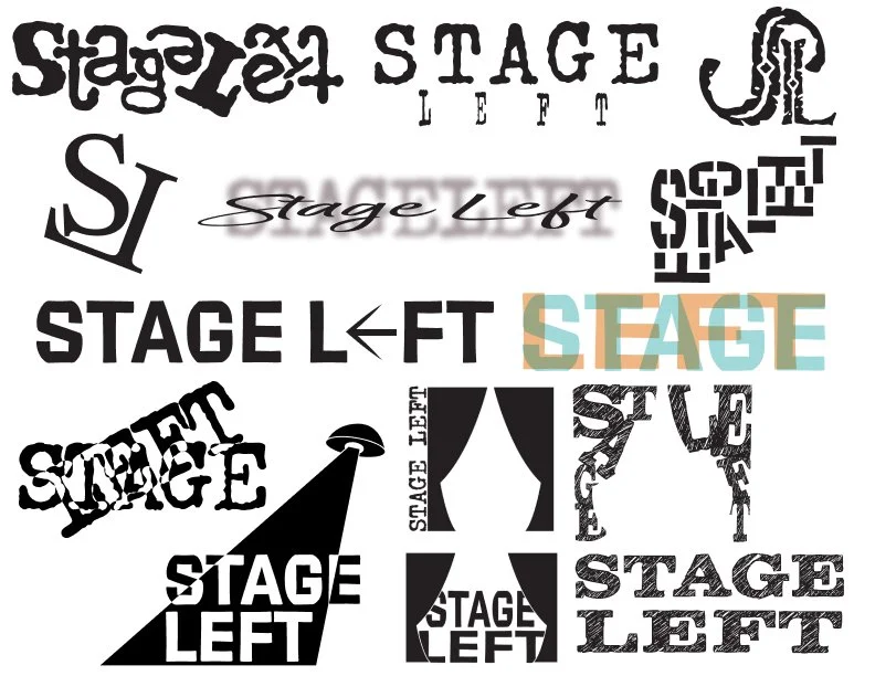 Various stylized text designs of the words 'stage' and 'left' in different fonts and arrangements.