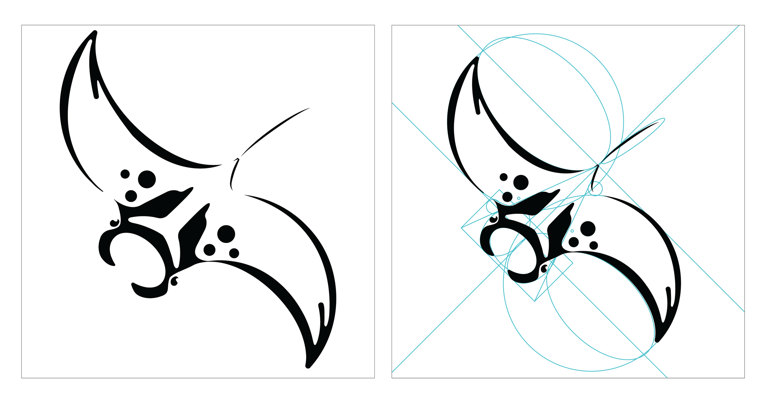Stylized black and white butterfly design with abstract patterns, shown with and without construction lines and geometric guides.