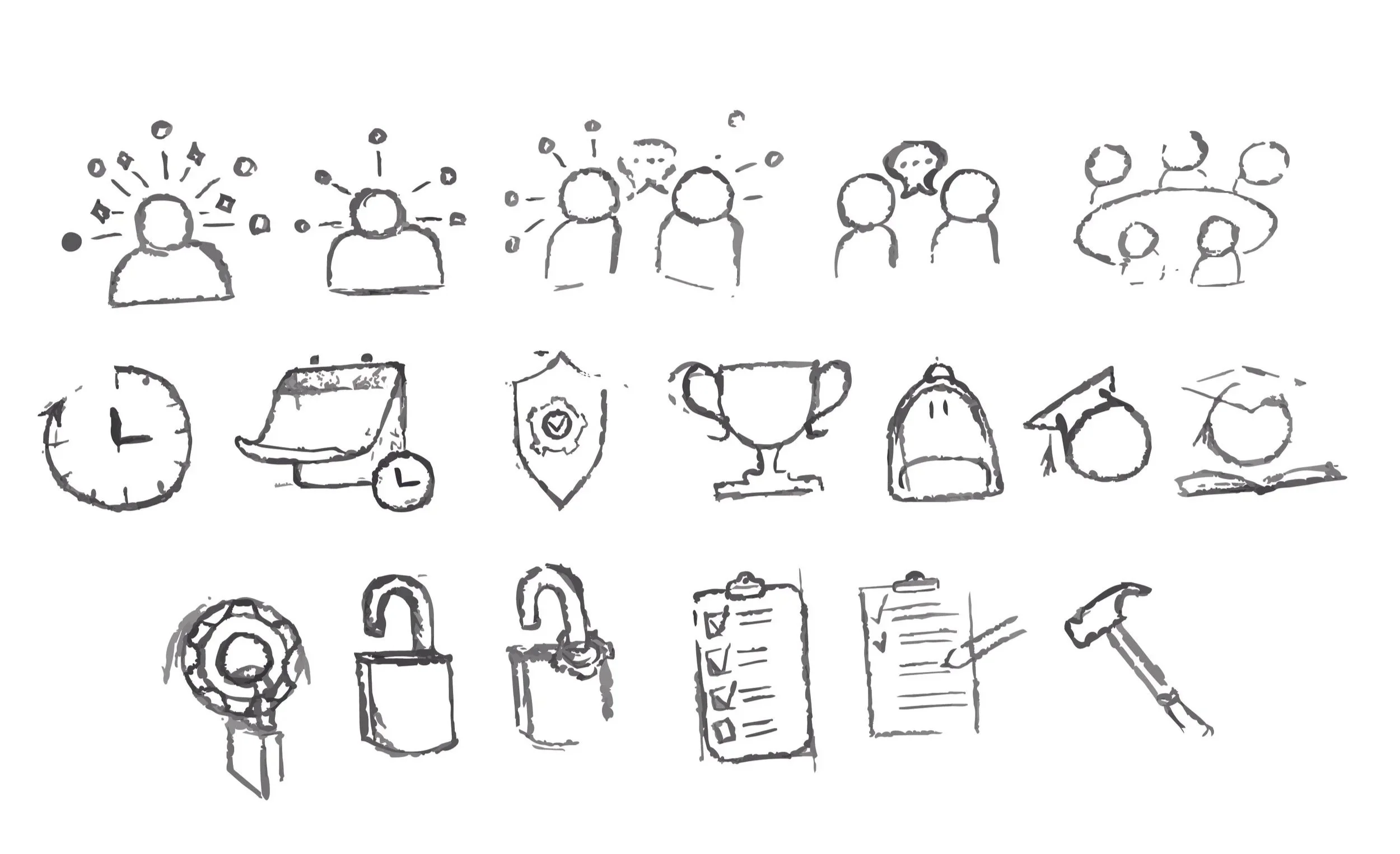 A collection of hand-drawn icons representing communication, teamwork, time management, security, achievement, and organization.
