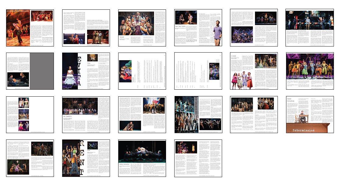 A magazine spread featuring multiple photos of theater performances, rehearsals, and cast members on stage and behind the scenes, with some pages containing blocks of text describing the productions.