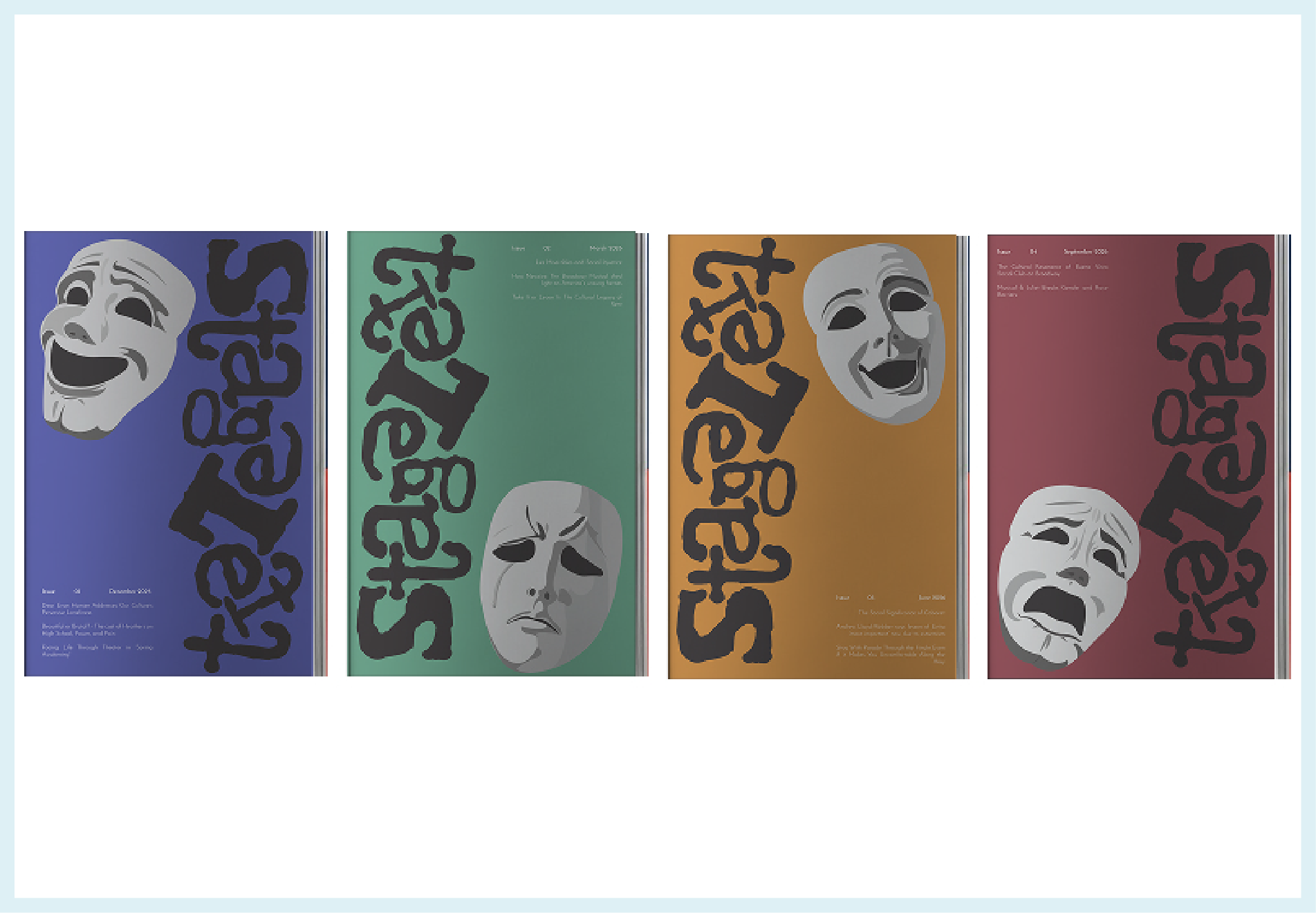 Collection of four theater magazine covers with expressive masks and stylized text, each in different colors: blue, green, orange, and red.
