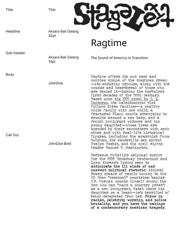 Cover page of a publication titled 'Stagerez' with the subtitle 'Ragtime: The Sound of America in Transition.' The body contains a descriptive text about the musical 'Ragtime,' discussing its themes, characters, historical context, and political critique.