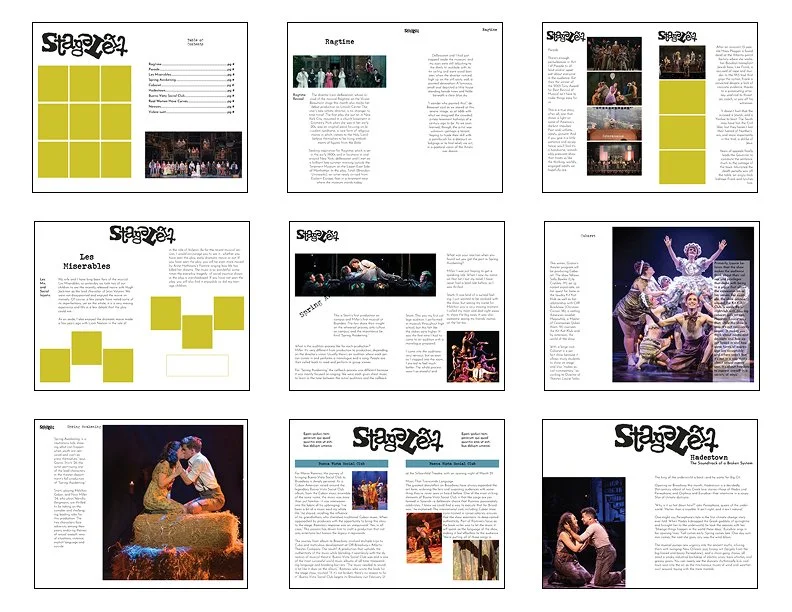 Nine pages of a magazine or program booklet related to stage performances, featuring articles, photos of theatrical productions, and structured layouts with images and text.