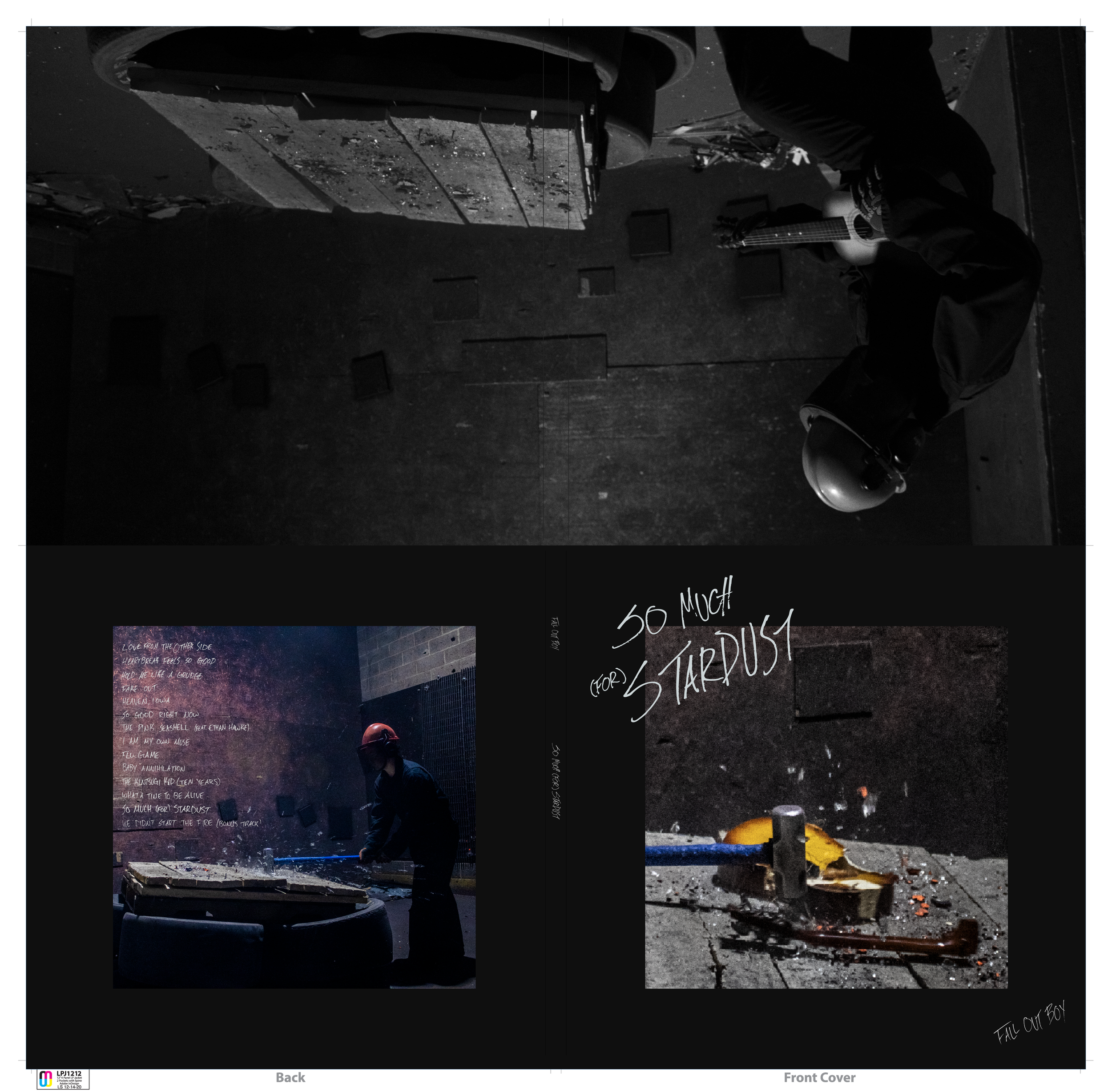 Album cover titled 'So Much Stardust' with images of a man in a helmet hammering on objects in an industrial setting, and a person playing guitar in a dark room with concrete walls.