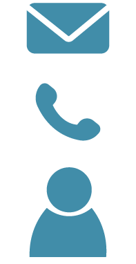 Icons of an envelope for email, a telephone for calls, and a person for downloading a resume, all in blue.