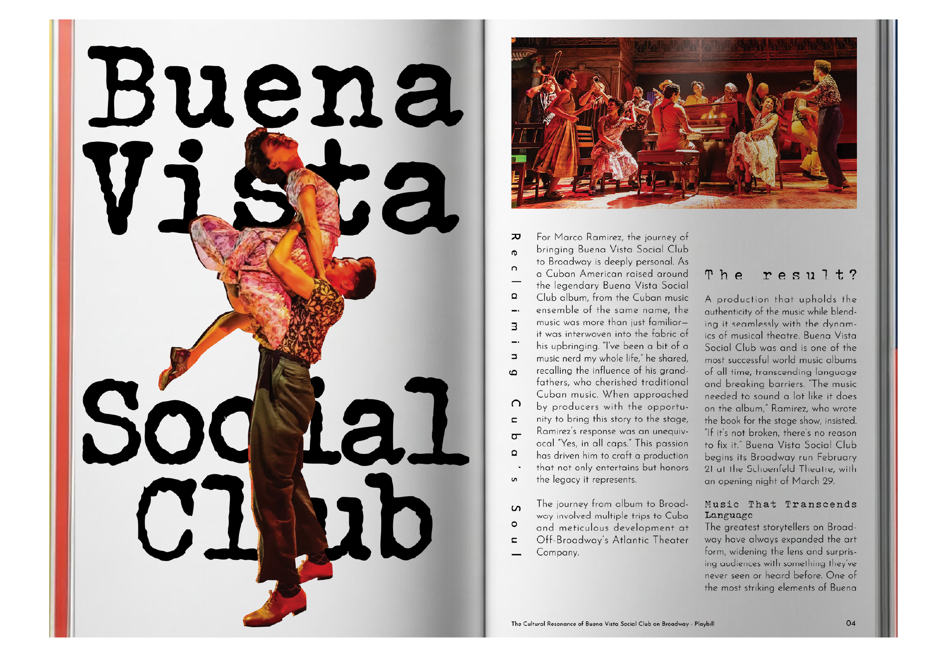 Image of a magazine or publication spread with a large headline reading 'Buena Vista Social Club' on the left page, featuring a dance pose of a woman with a man supporting her, and the right page displaying a photograph of a musical performance with several musicians and dancers, along with text describing the Buena Vista Social Club's cultural significance and musical journey.