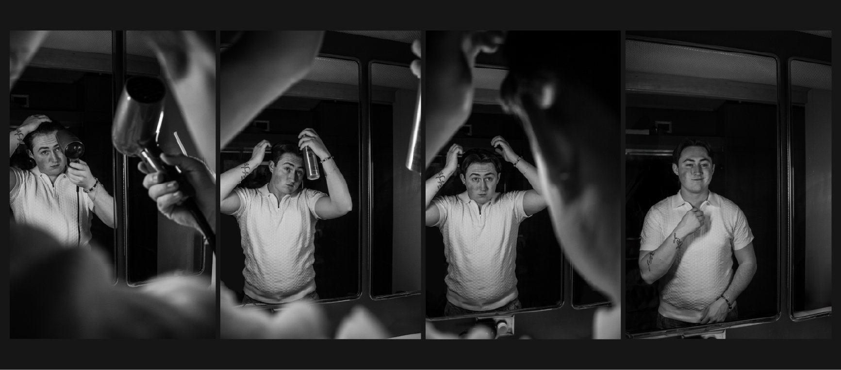 Sequence of photos showing a young man getting ready, first using a hairdryer, then adjusting his hair in front of a mirror, and finally smiling confidently.