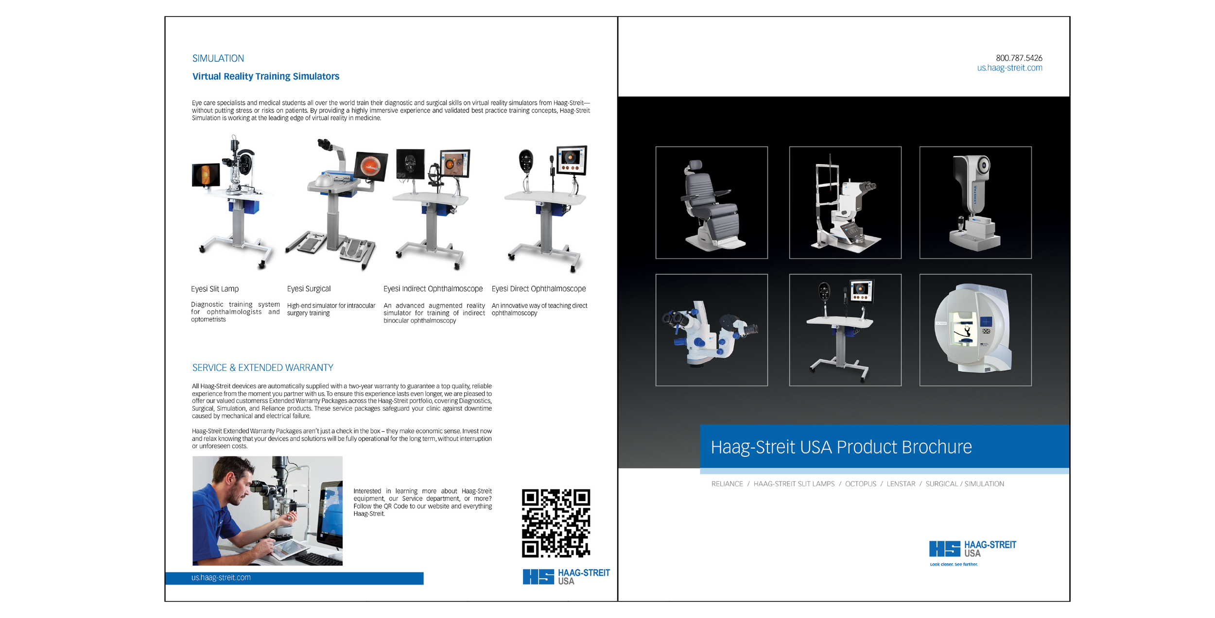 Brochure for Haag-Streit USA featuring virtual reality surgical training simulators and ophthalmology equipment images, with product descriptions and contact information.