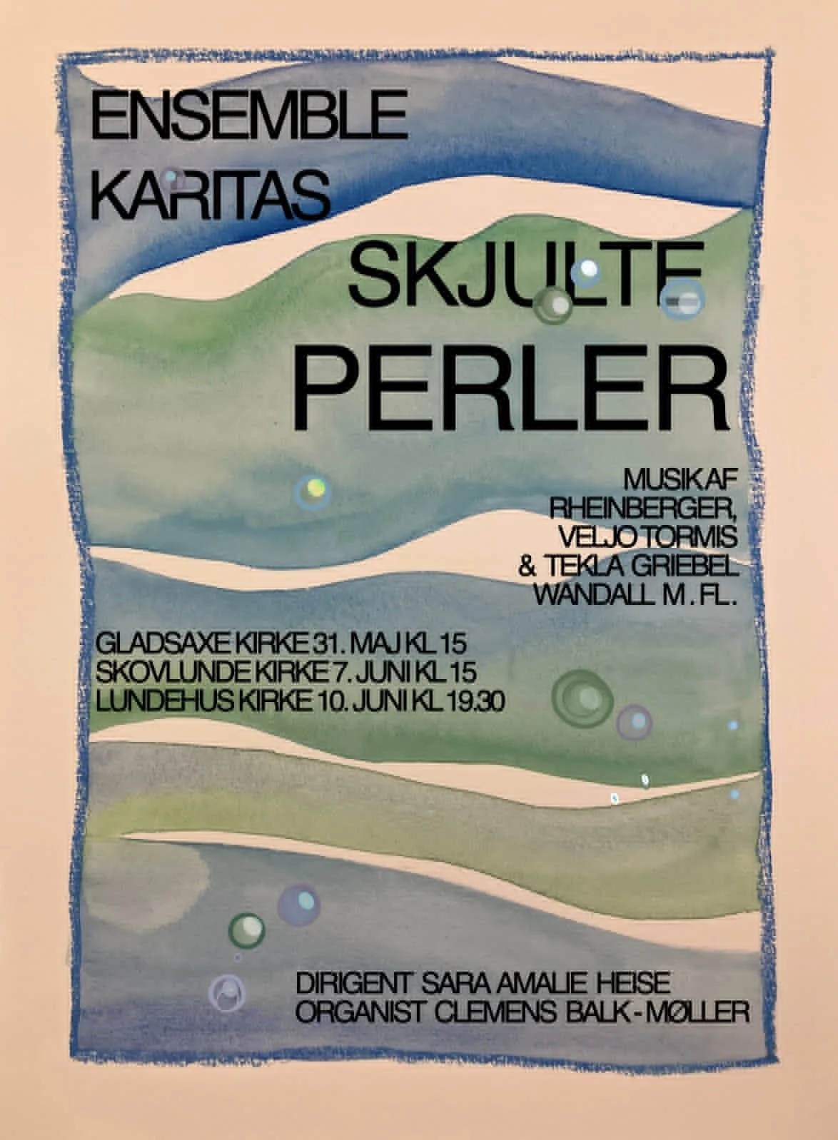 Plakat for en musikalsk koncert med titlen 'Ensemble Karatas' 'Skjulte Perler'.