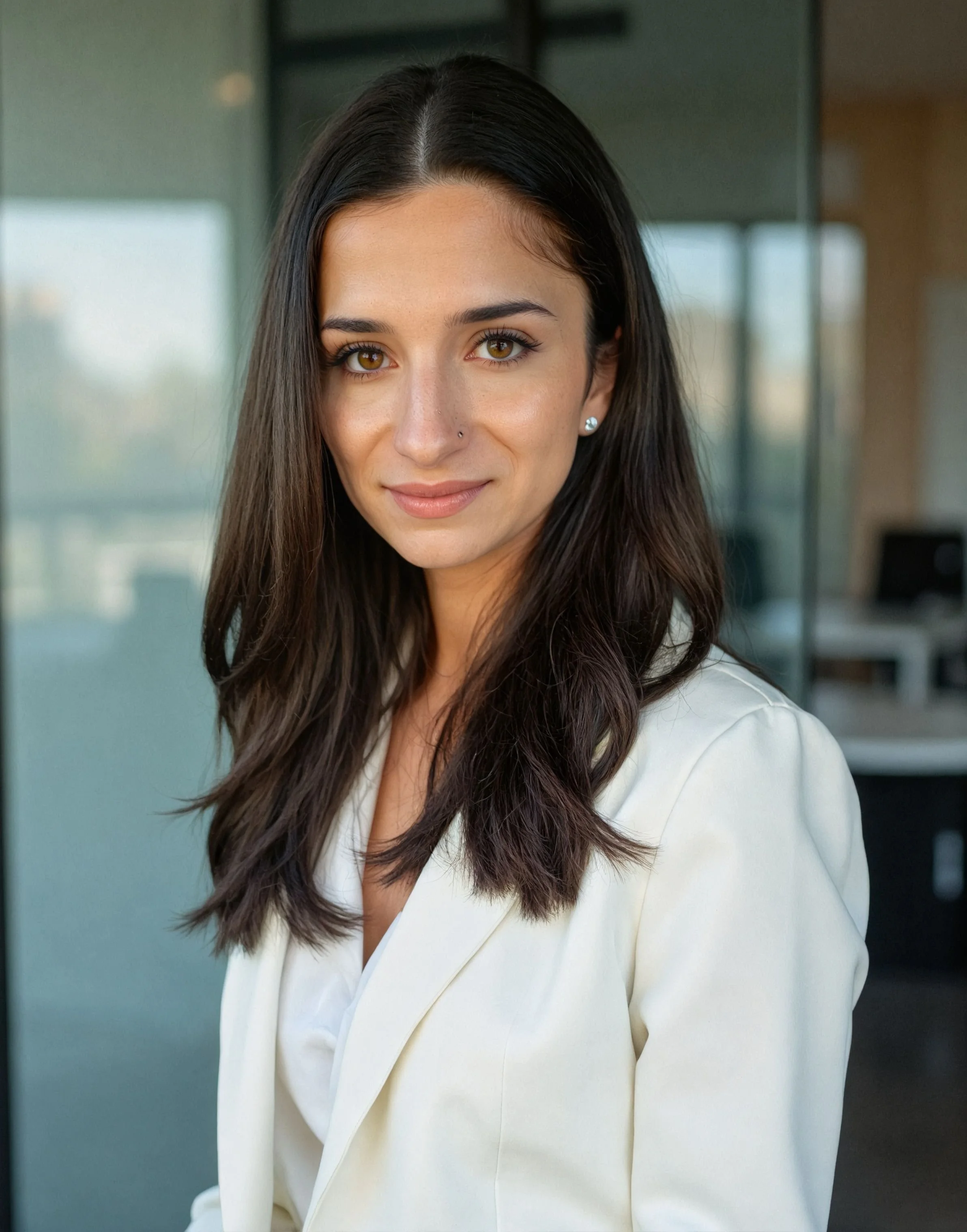 Close-up of a woman with long dark hair, brown eyes, wearing small earrings and a white blazer, standing indoors with glass doors and windows in the background.