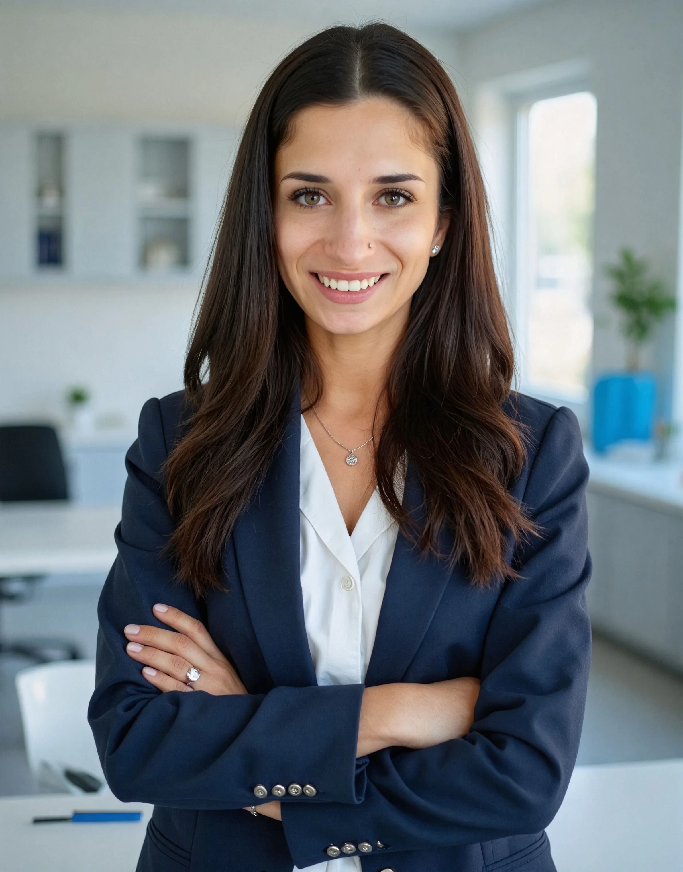 Portrait of a confident young woman with long dark hair, wearing a navy blazer over a white shirt, standing with arms crossed in a modern office with large windows and minimalist decor.
