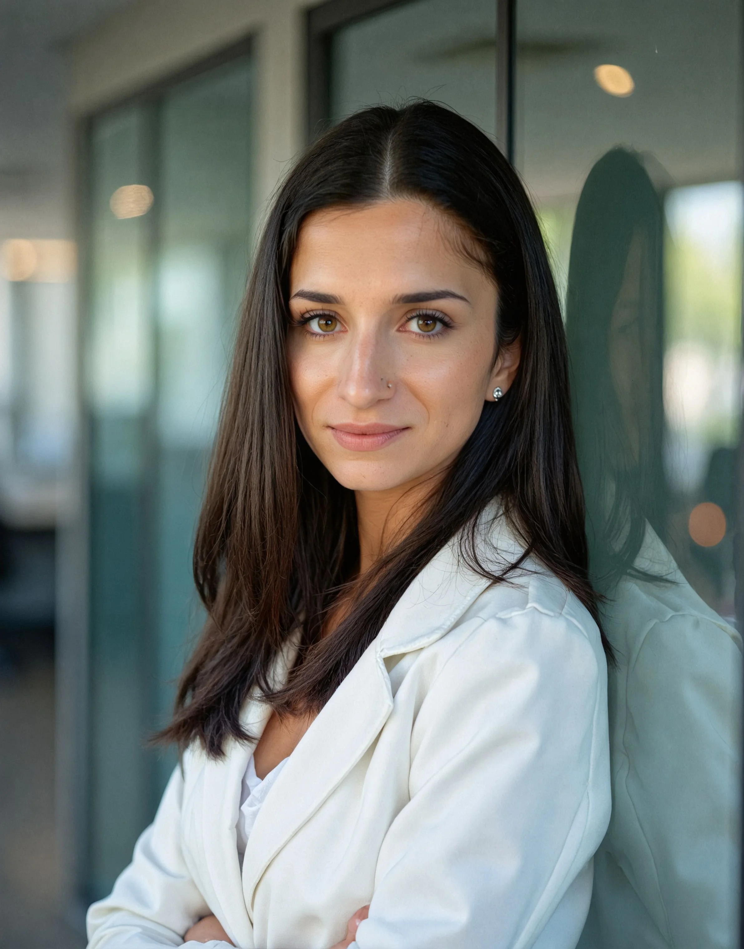 A woman with long dark hair and brown eyes, wearing a white blazer, standing in front of a building with glass windows.