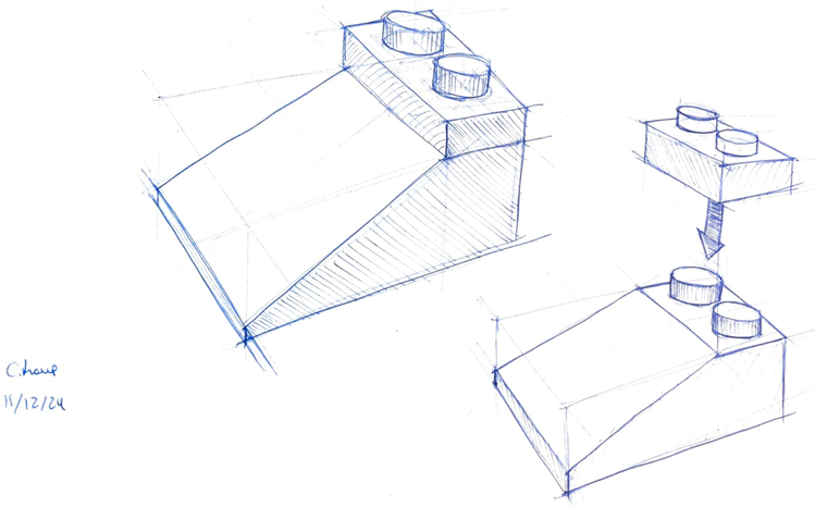 Sketch of a building block design with two circular studs on top, a sloped side, and a drawing showing the block from different angles.