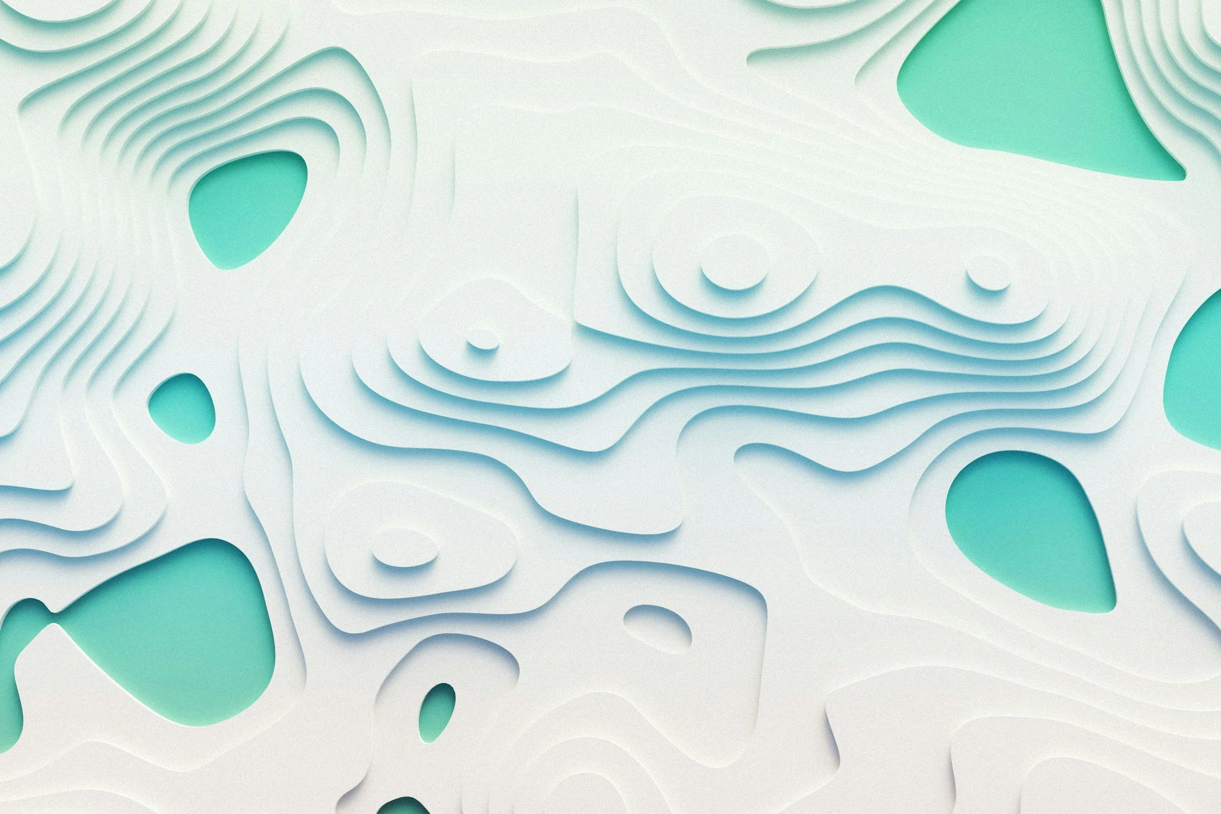 Abstract topographic map design with layered white and green contours and shapes.