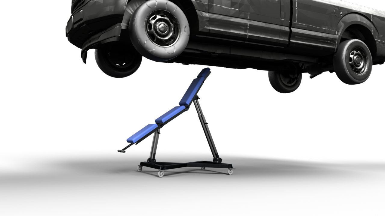 Render of a novel ergonomic automotive mechanic chair