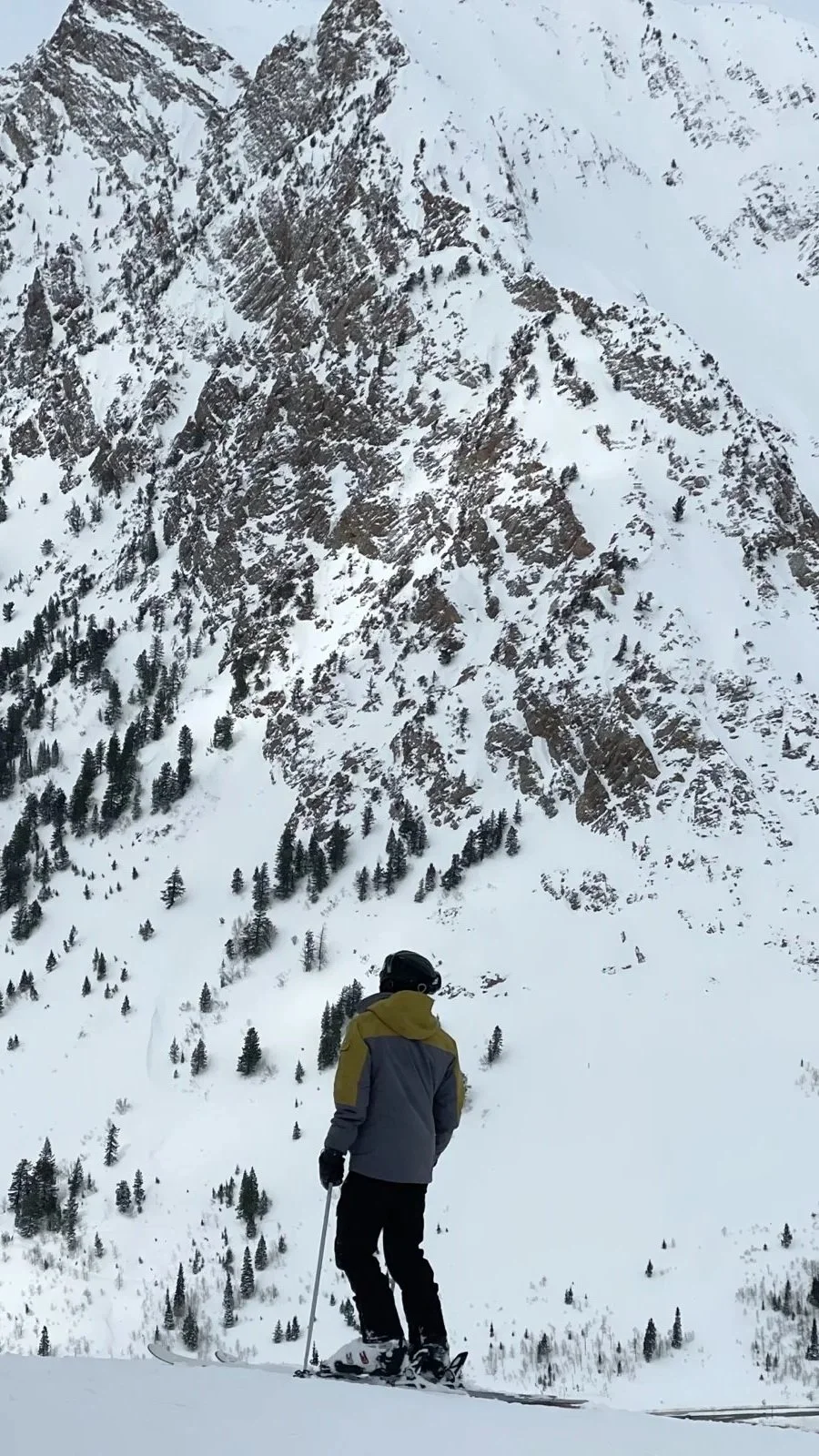 A person wearing a yellow and gray jacket, black pants, and a helmet skiing on a snowy slope with a snowy mountain and trees in the background.