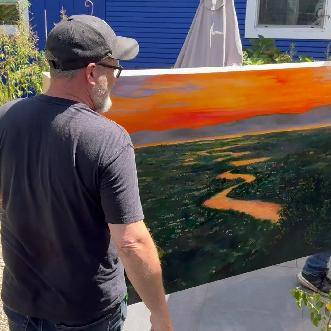 'River of Light' is installed. This one is 42x80", oil on panel, painted as a commission over a couple months of studio time. The image references the view from the client&rsquo;s family home, looking over the valley at the Napa River winding so