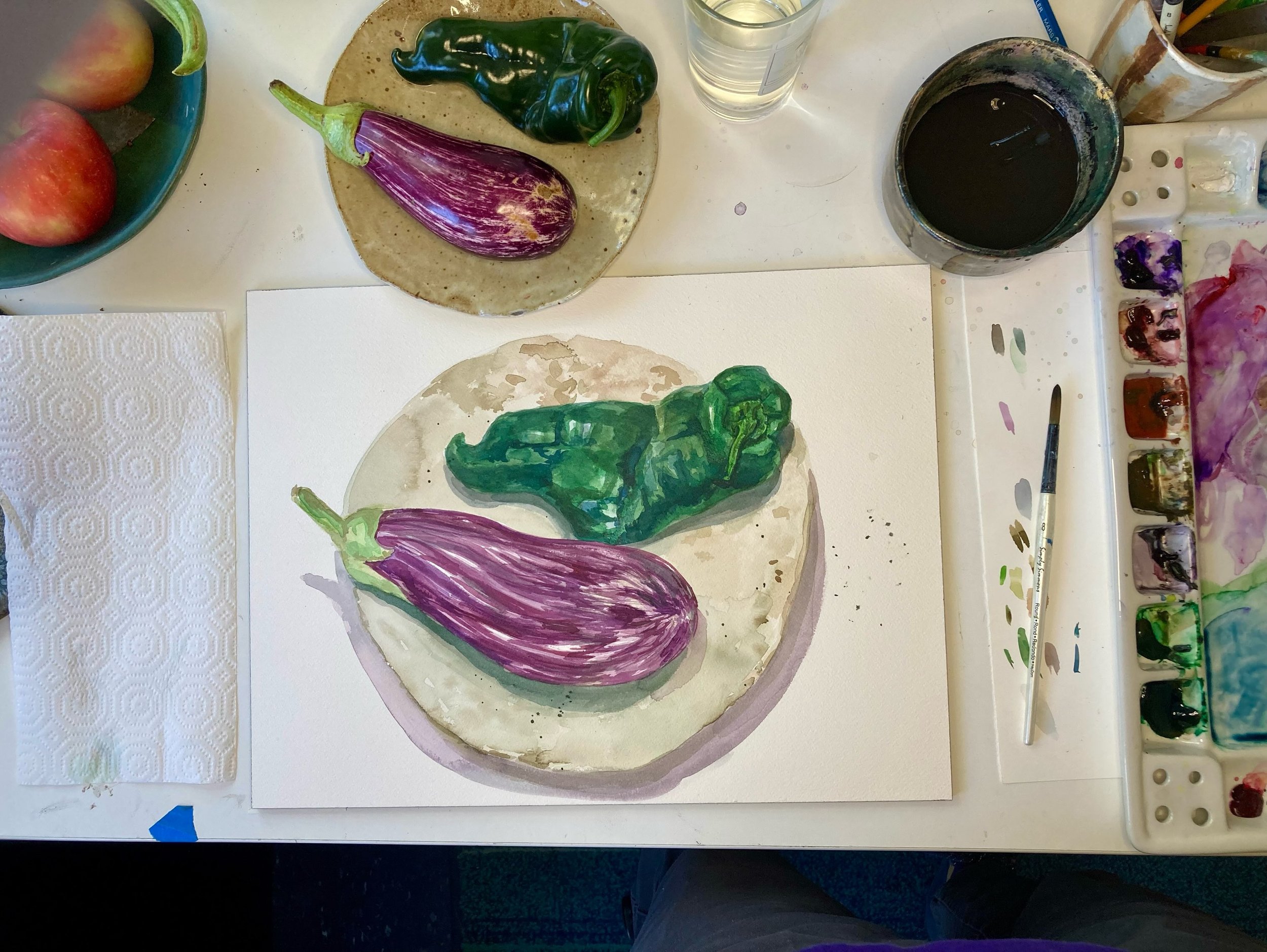 Today&rsquo;s still life starring veg from Long Meadow Ranch: a striped Italian eggplant and a plump poblano pepper resting on a favorite plate from Sonoma artist, Hiroko Ishida. 

LMR&rsquo;s pile of purple eggplant drew me into their booth and this